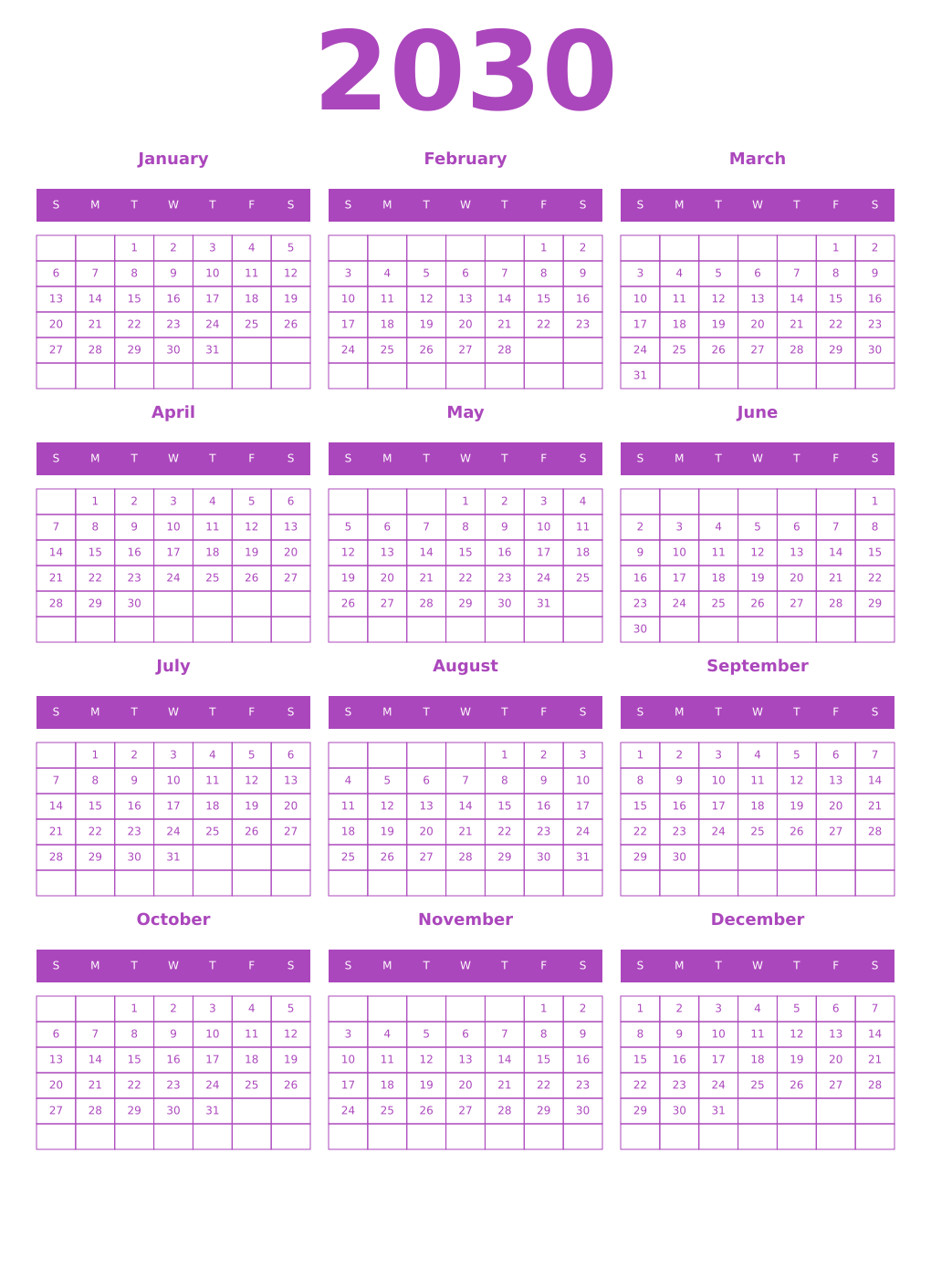 Printable 2030 Year Calendars purple