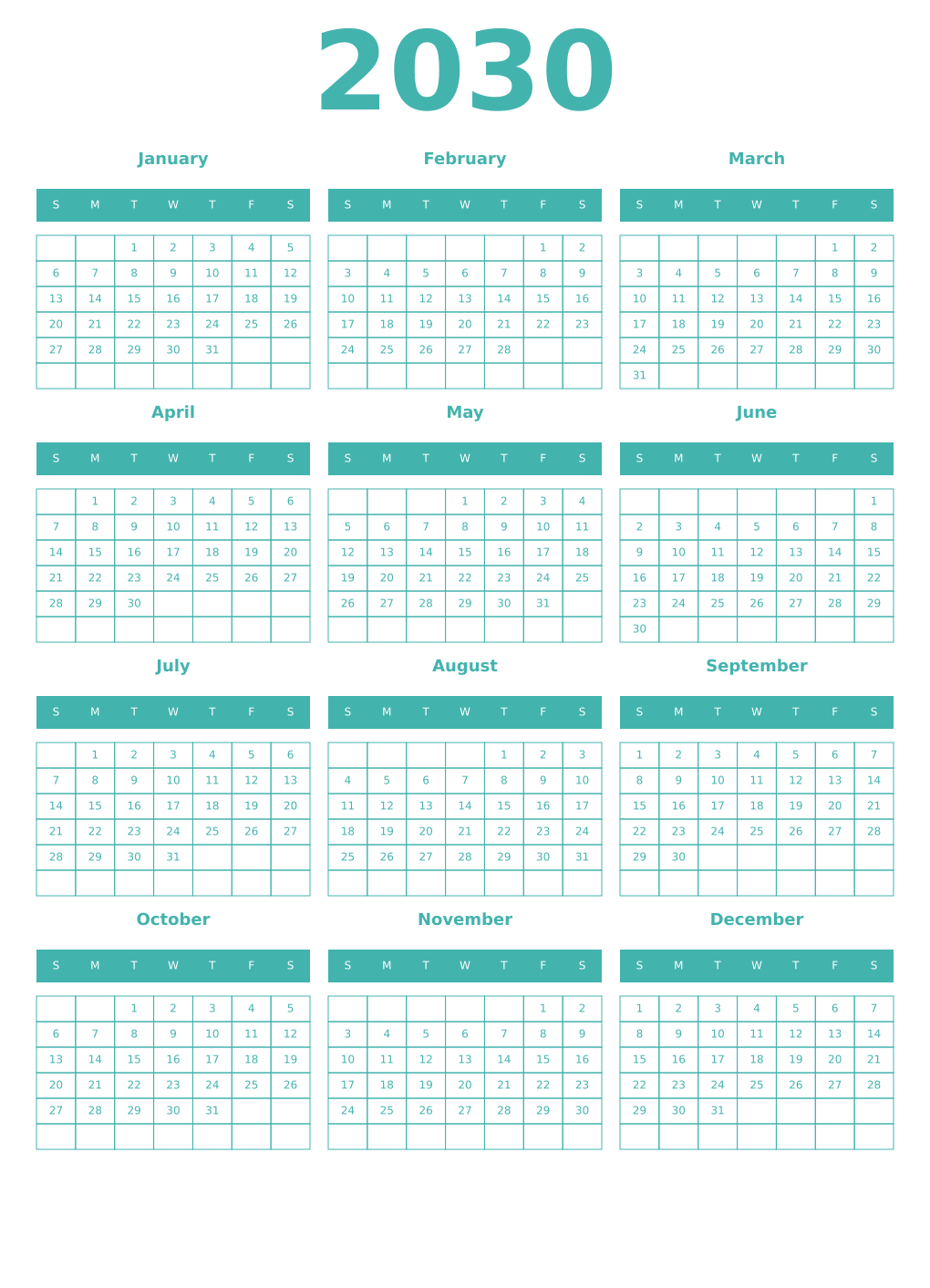 Printable 2030 Year Calendars verdigris