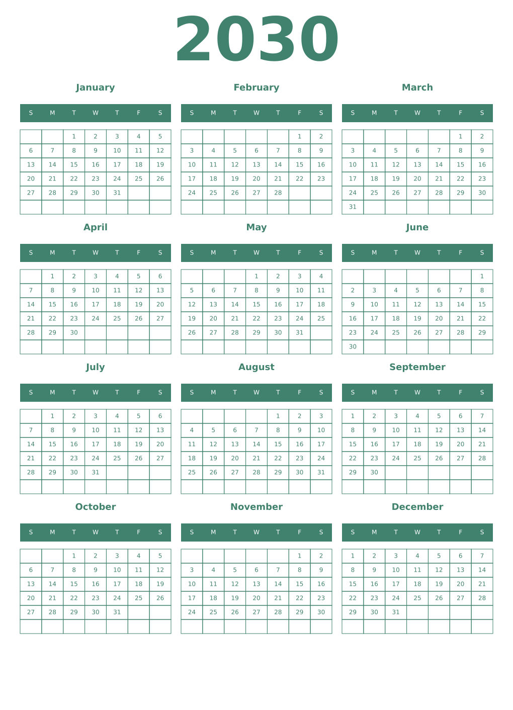 Printable 2030 Year Calendars viridian