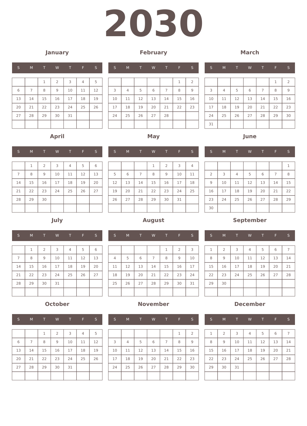 Printable 2030 Year Calendars wenge