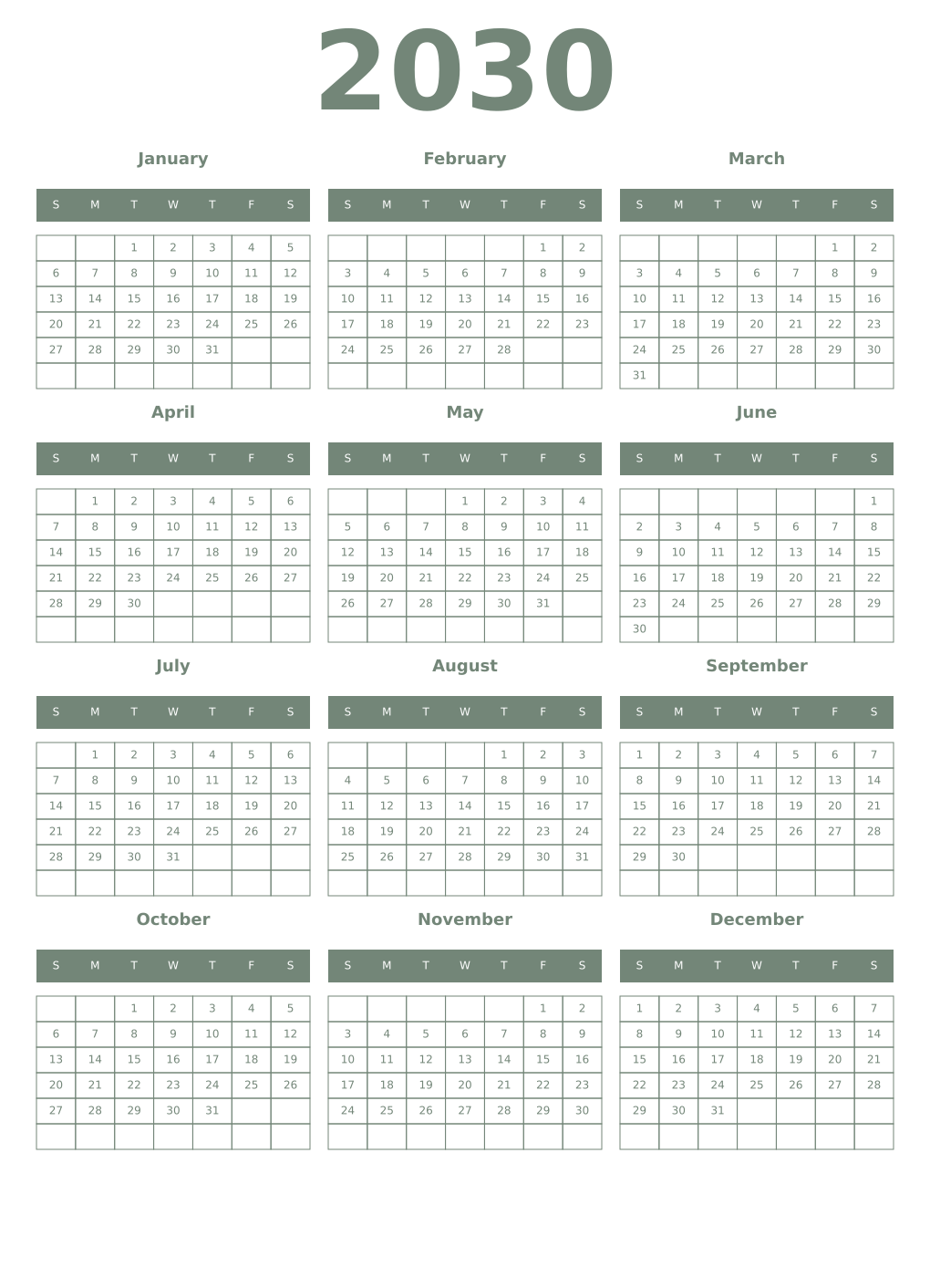Printable 2030 Year Calendars xanadu