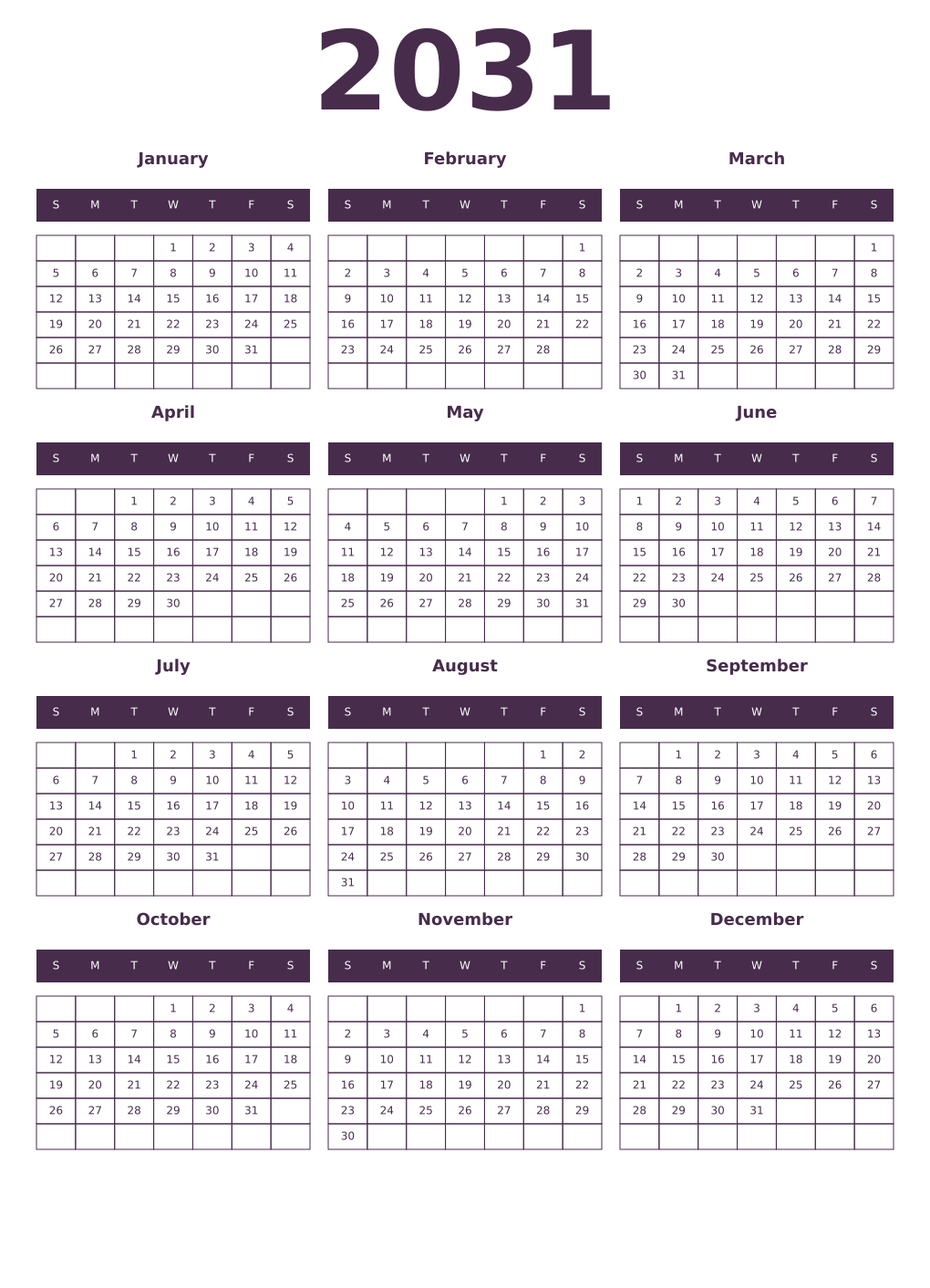 Printable 2031 Year Calendars aubergine