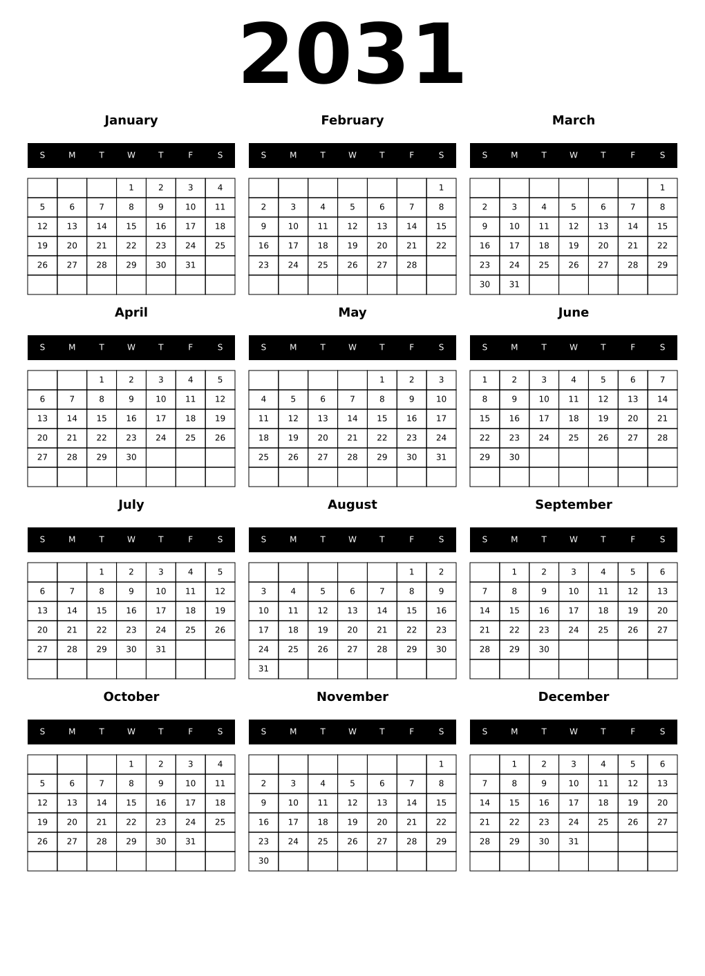 Printable 2031 Year Calendars black