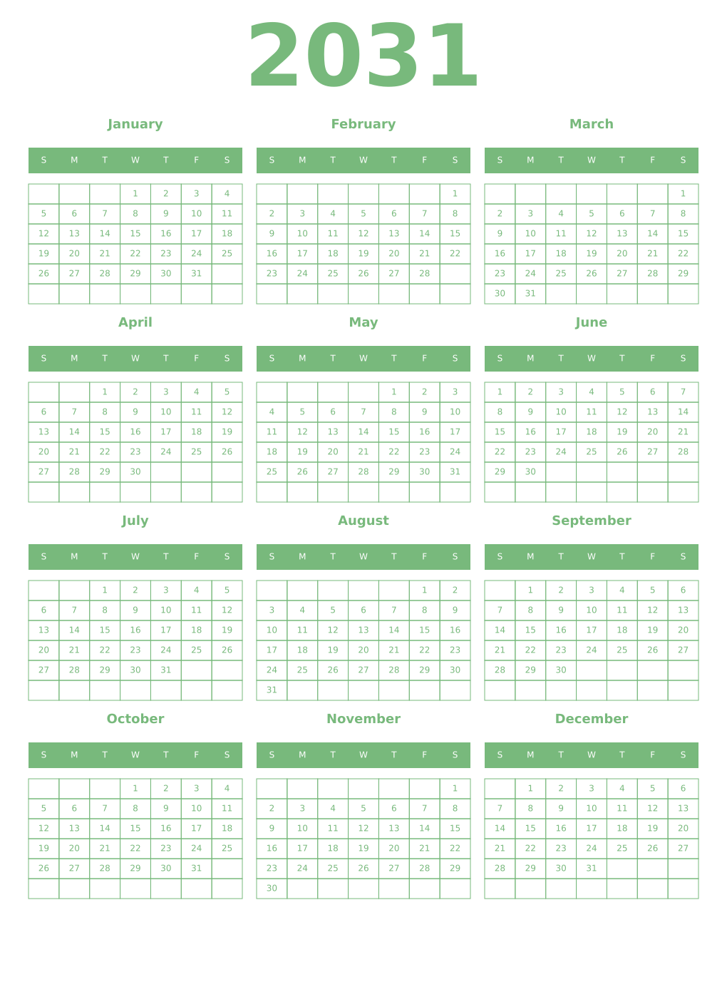 Printable 2031 Year Calendars celadon