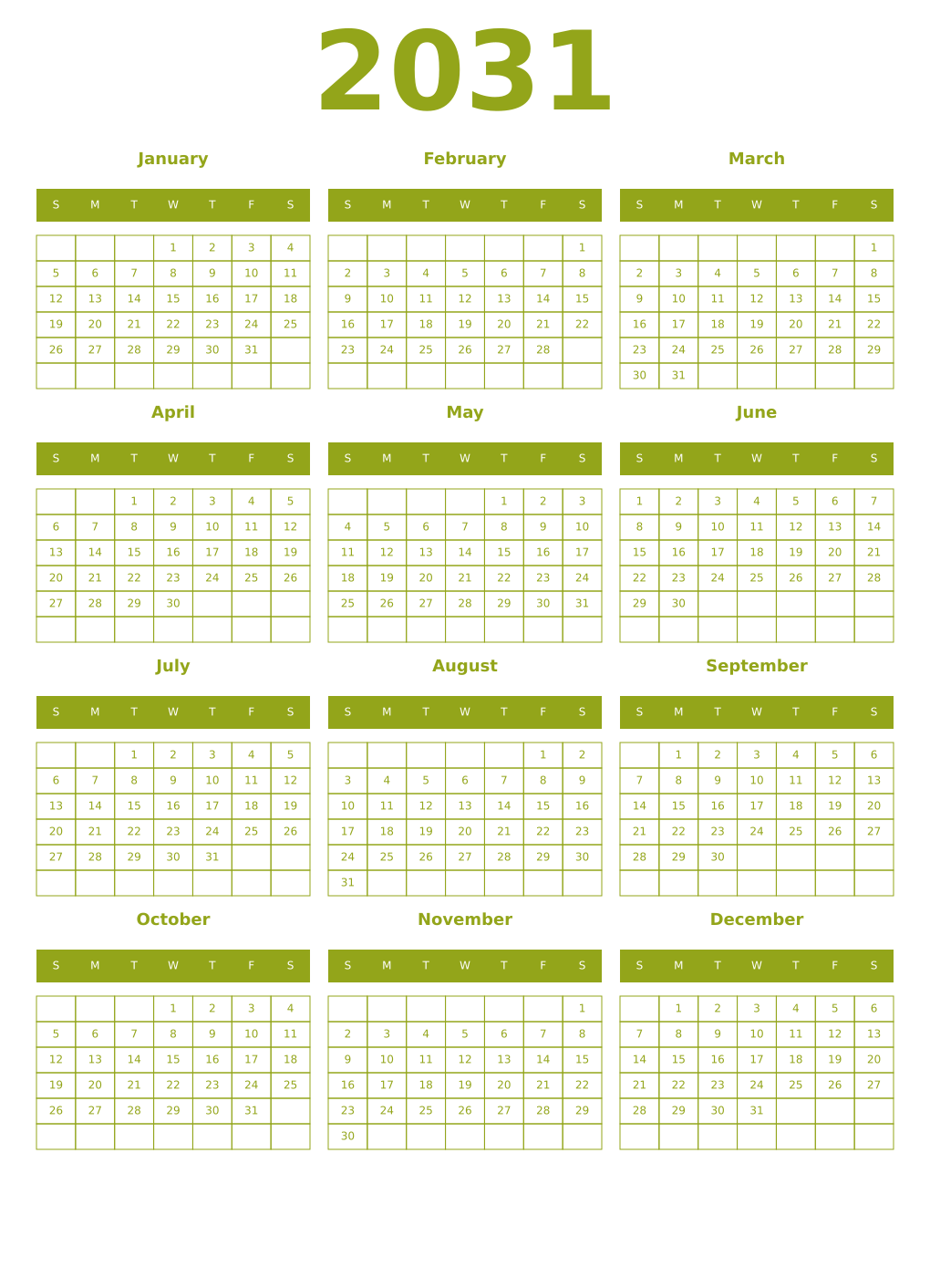 Printable 2031 Year Calendars chartreuse