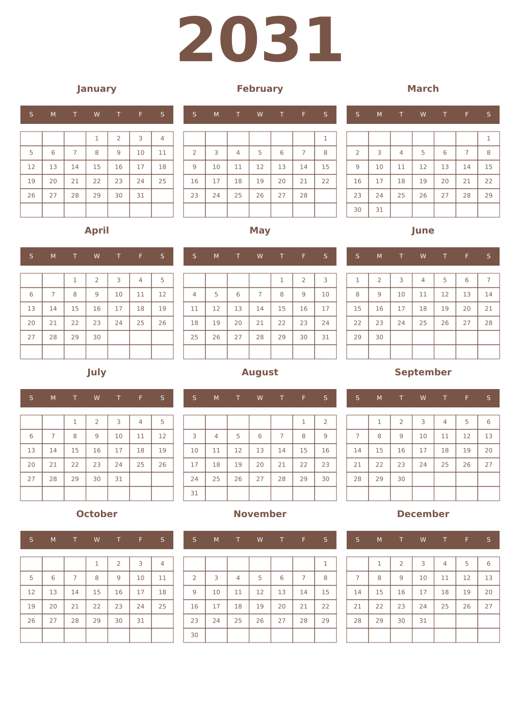 Printable 2031 Year Calendars coffe