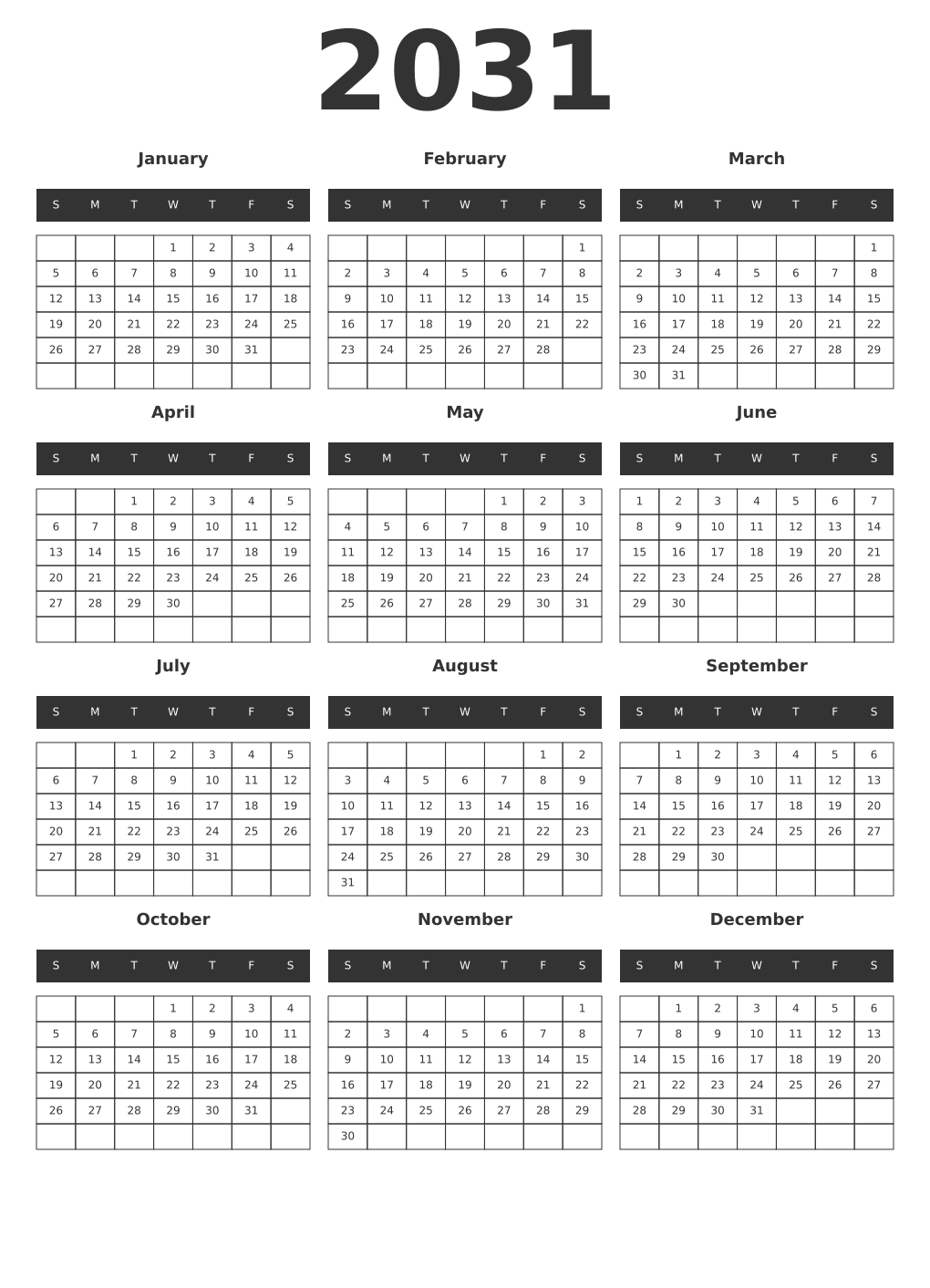 Printable 2031 Year Calendars dark