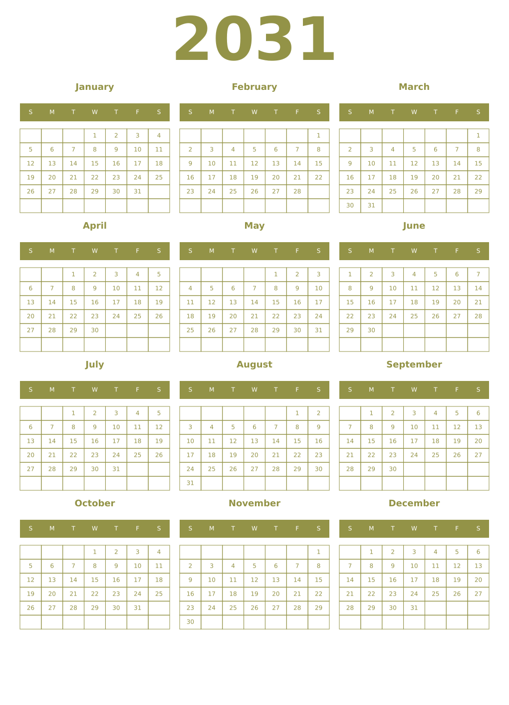 Printable 2031 Year Calendars eburnean