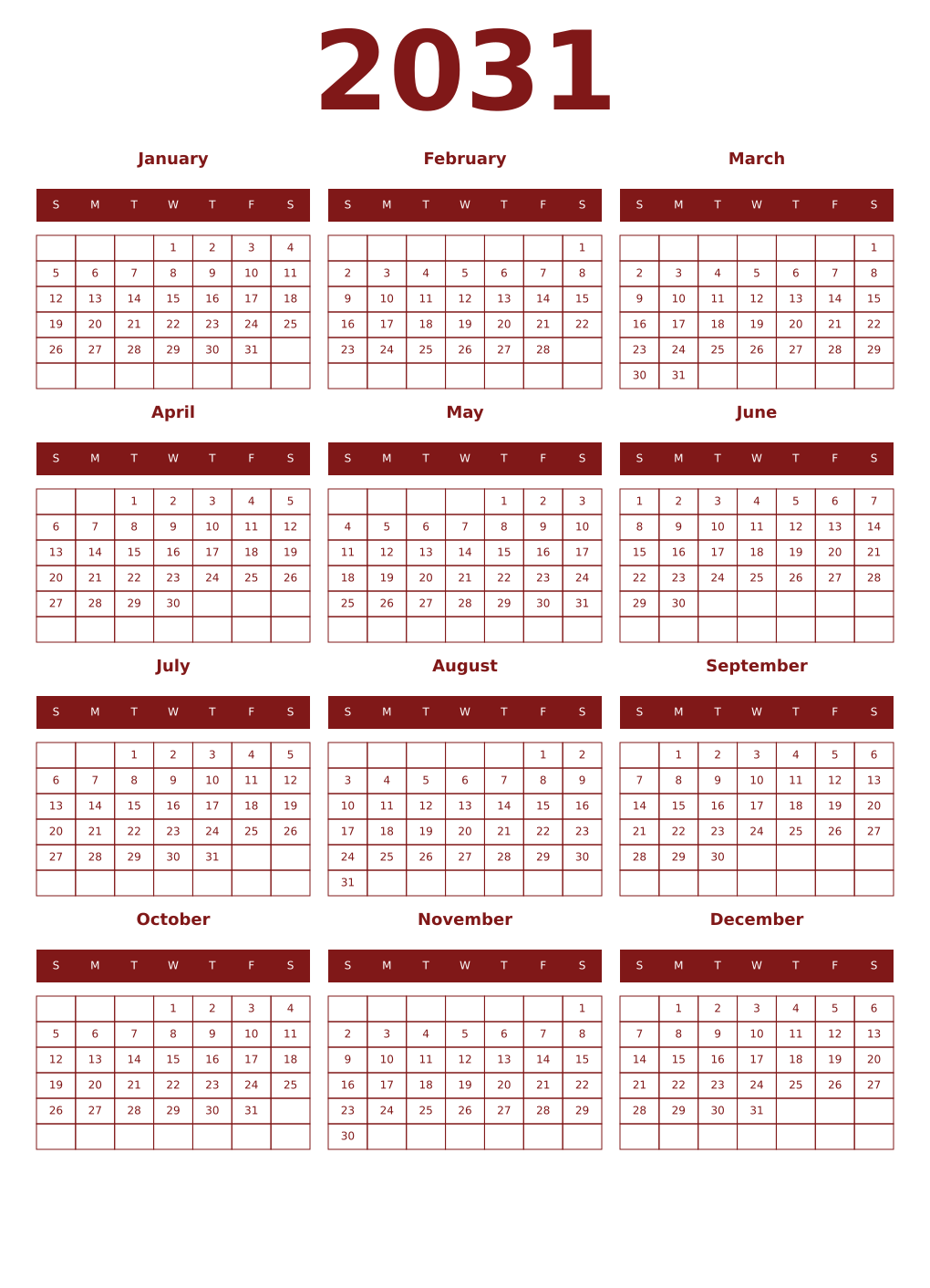 Printable 2031 Year Calendars falu