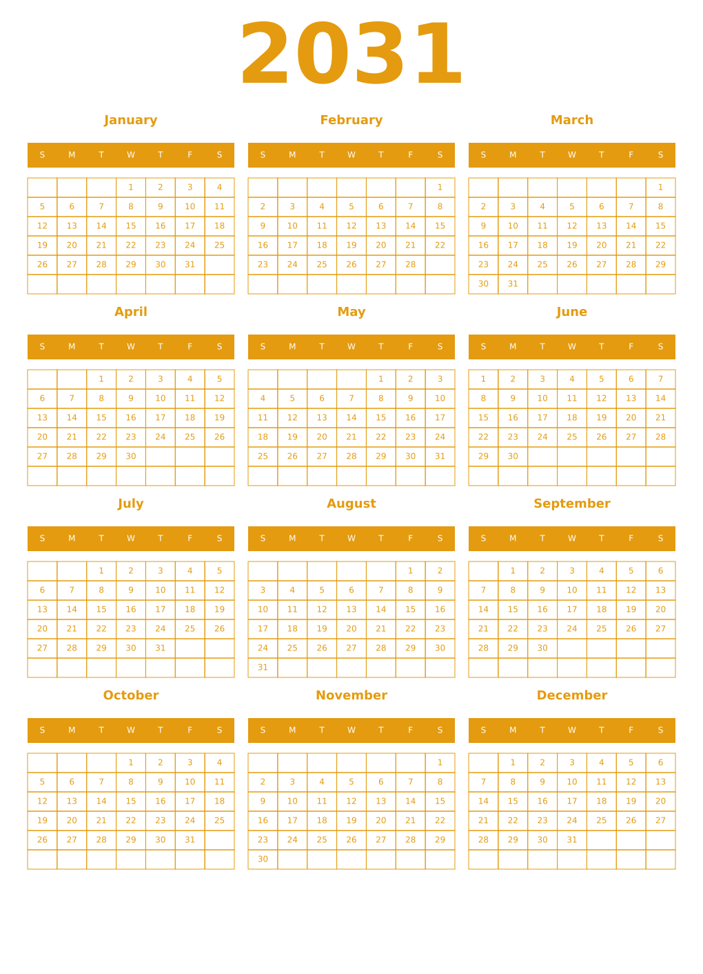 Printable 2031 Year Calendars gamboge