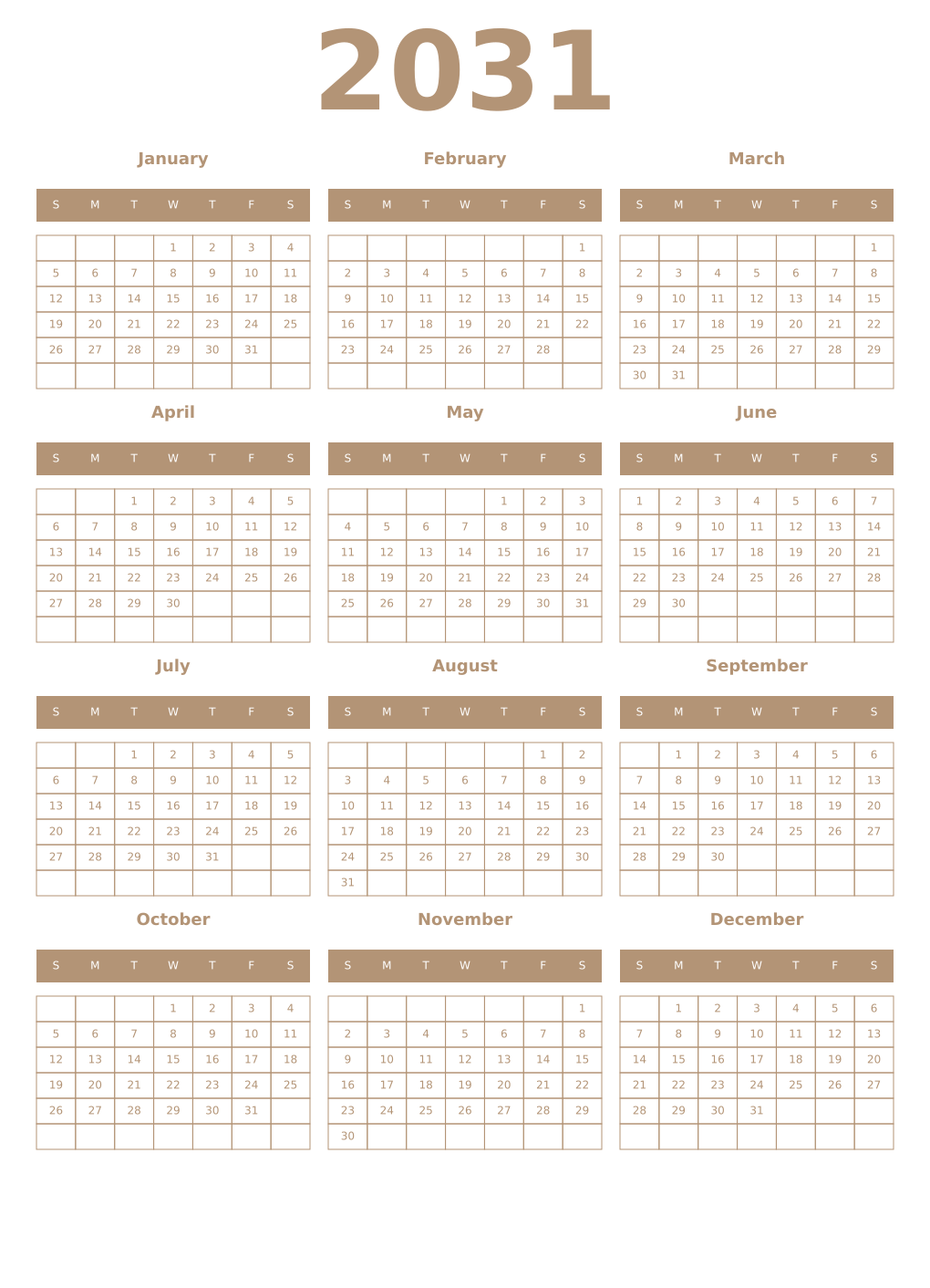 Printable 2031 Year Calendars isabelline