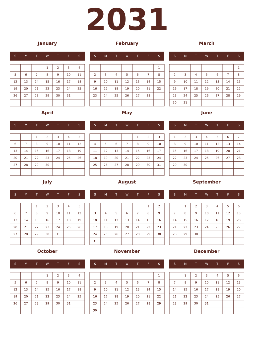 Printable 2031 Year Calendars mortuum