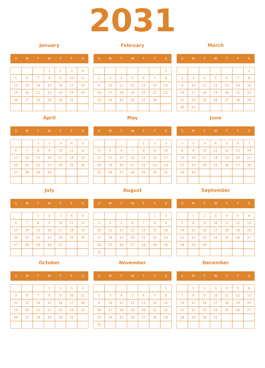 Printable 2031 Year Calendars orange