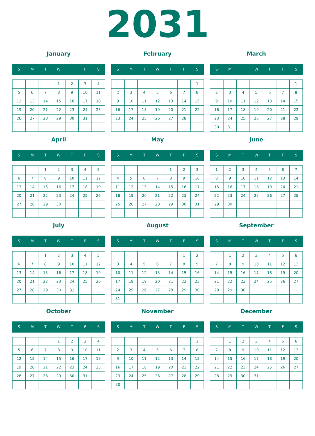 Printable 2031 Year Calendars pastel