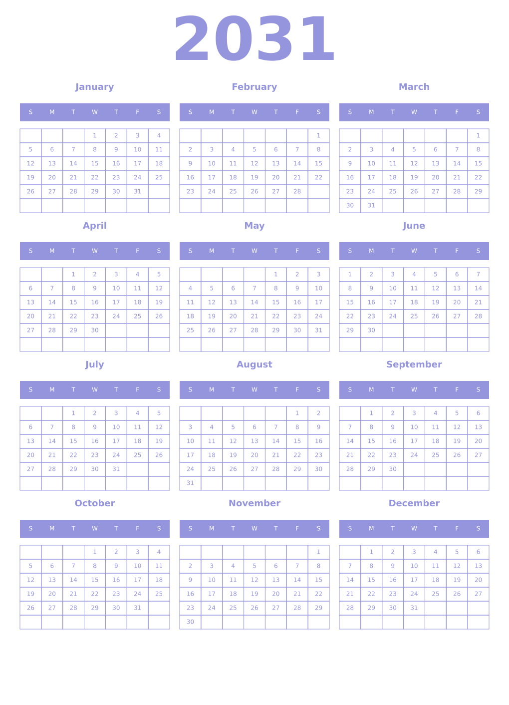 Printable 2031 Year Calendars periwinkle