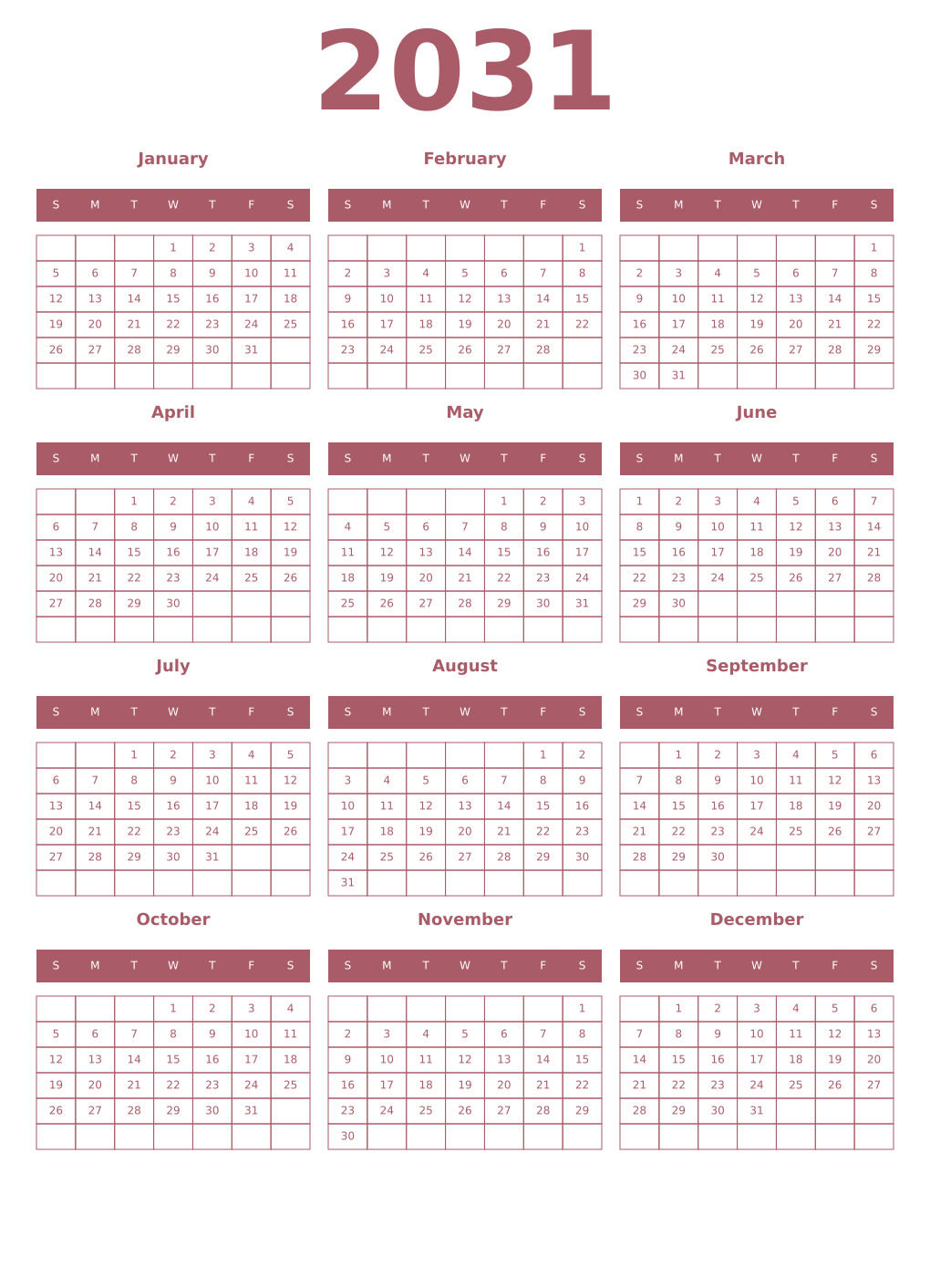 Printable 2031 Year Calendars puce