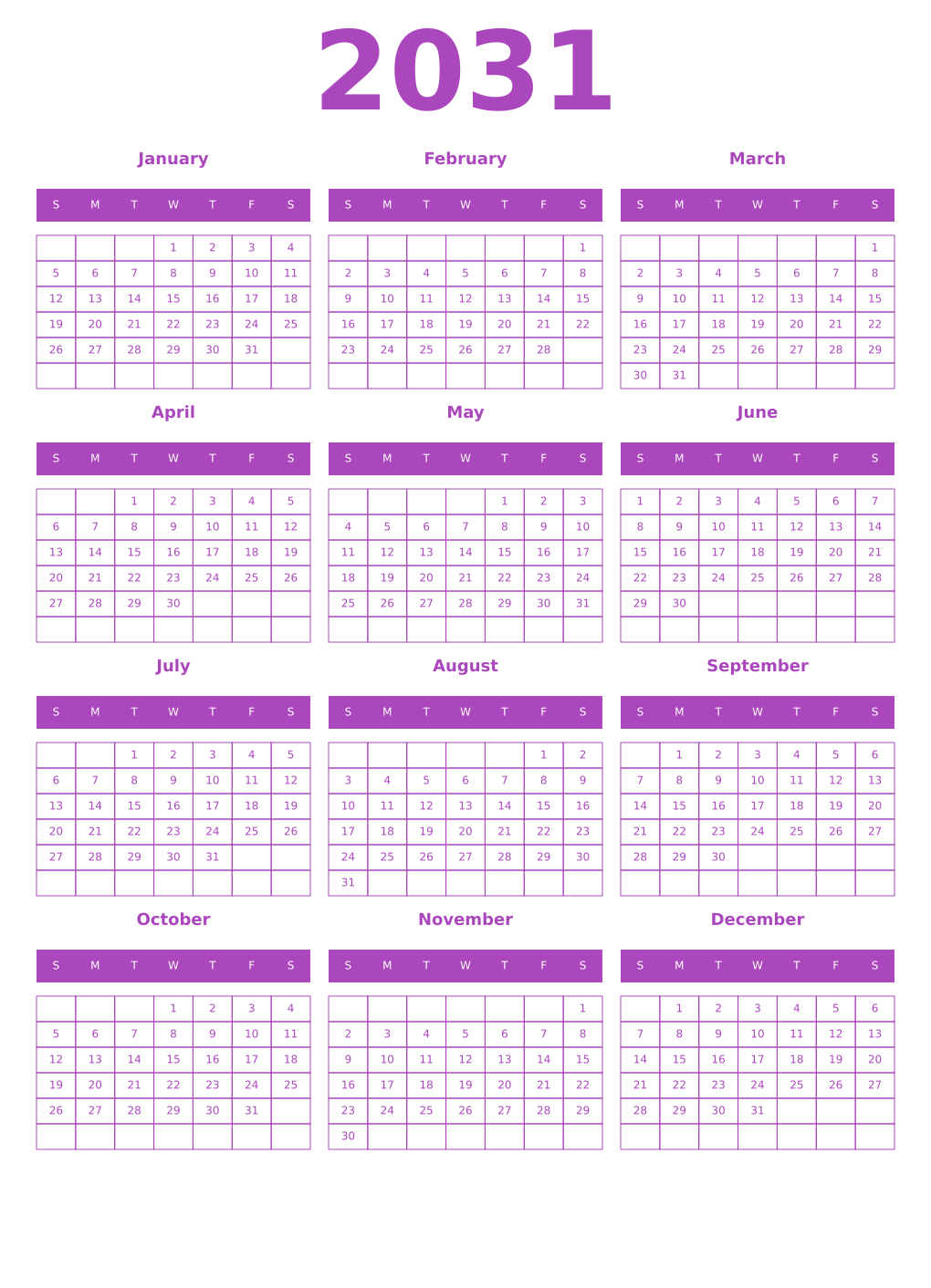 Printable 2031 Year Calendars purple
