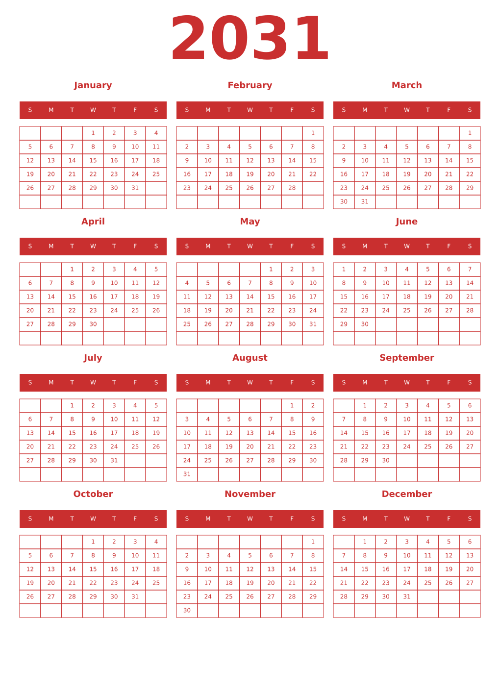 Printable 2031 Year Calendars red