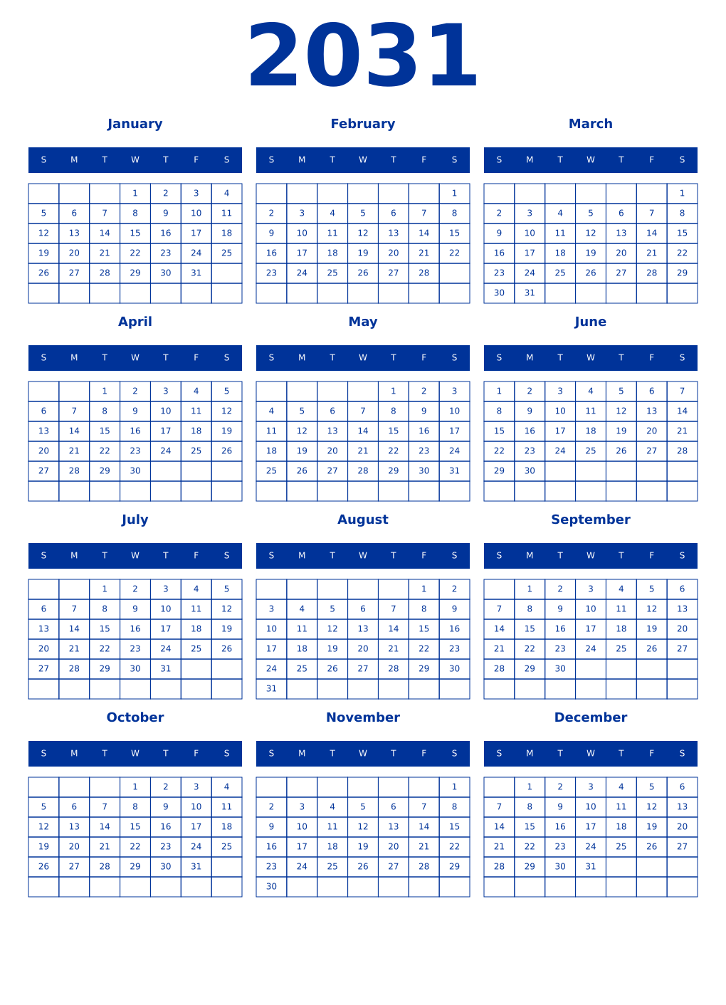 Printable 2031 Year Calendars smalt