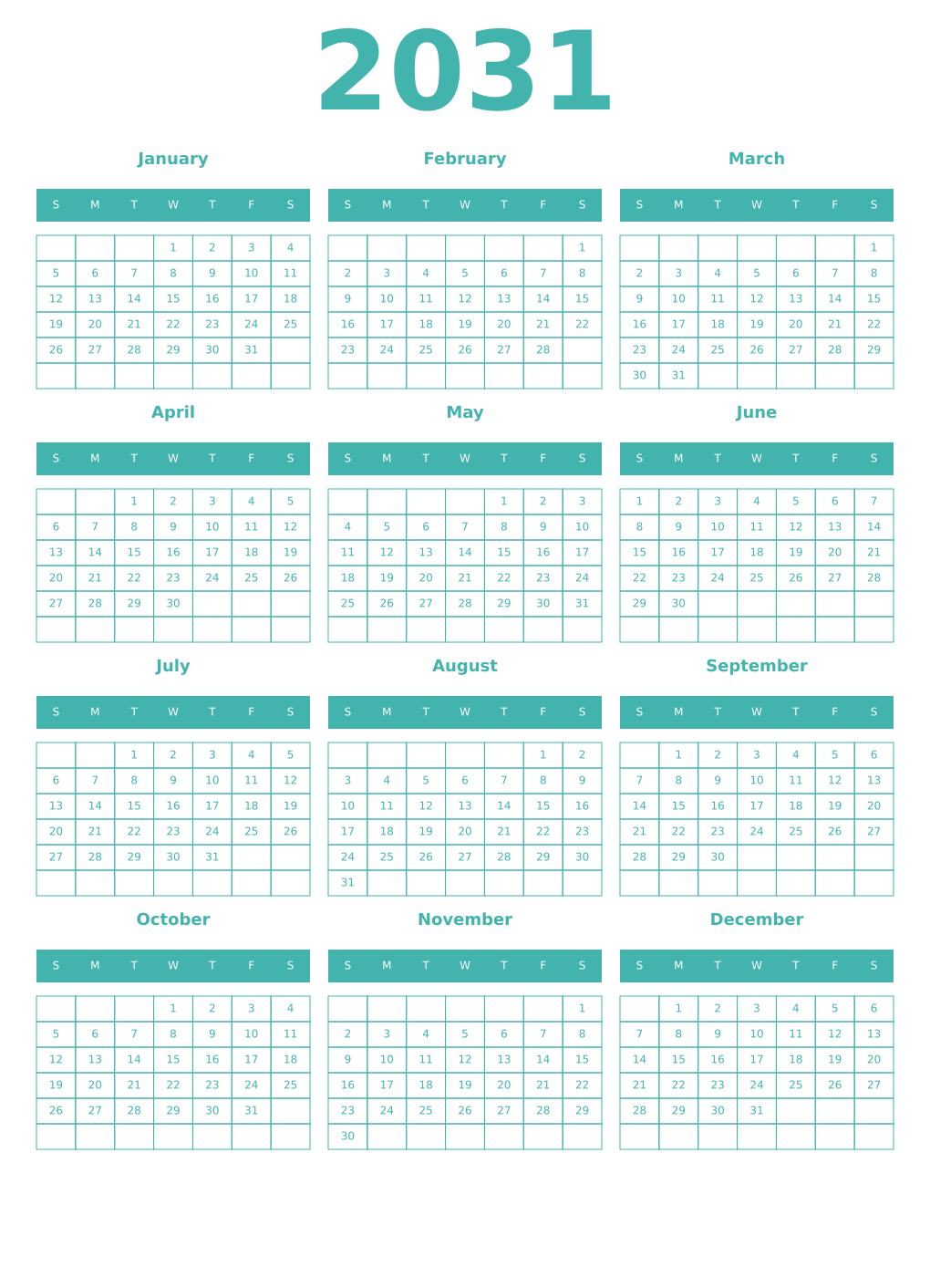 Printable 2031 Year Calendars verdigris