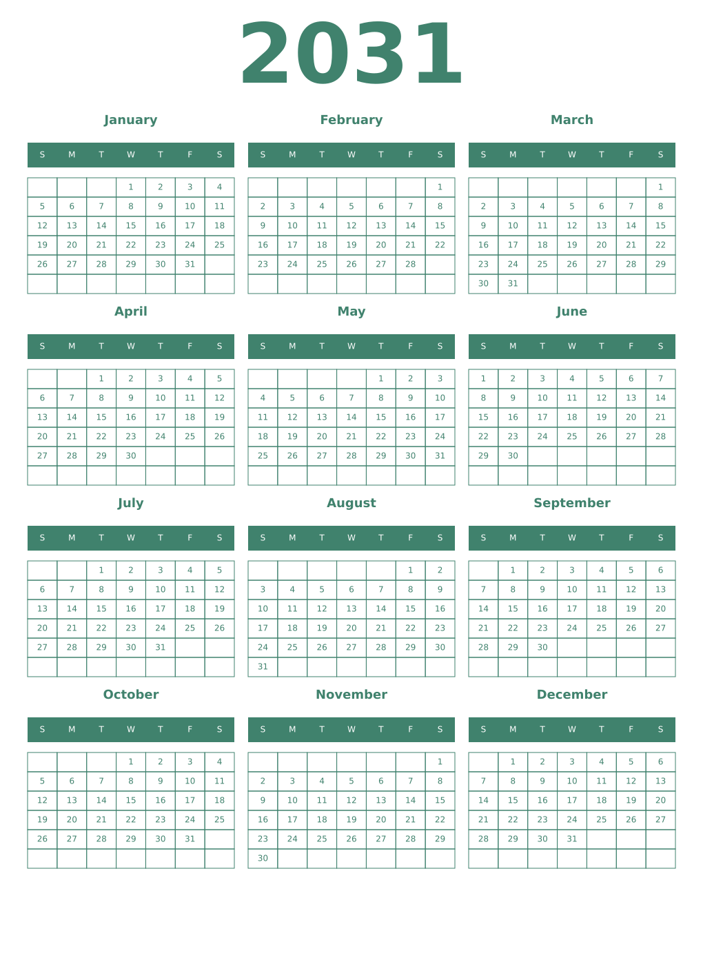 Printable 2031 Year Calendars viridian