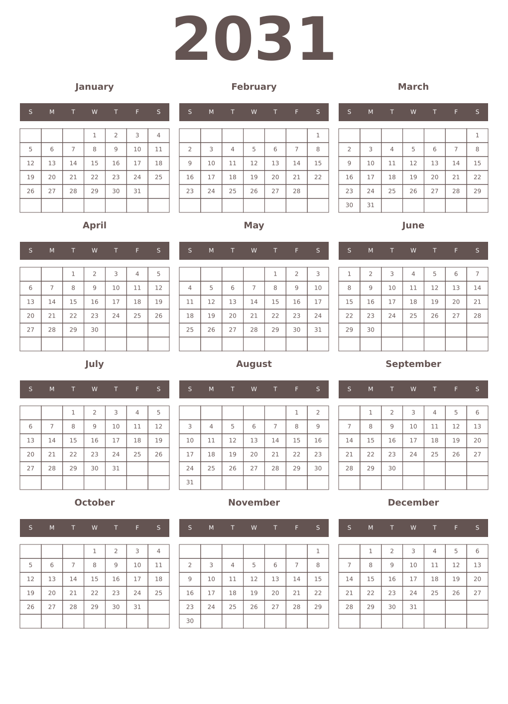 Printable 2031 Year Calendars wenge