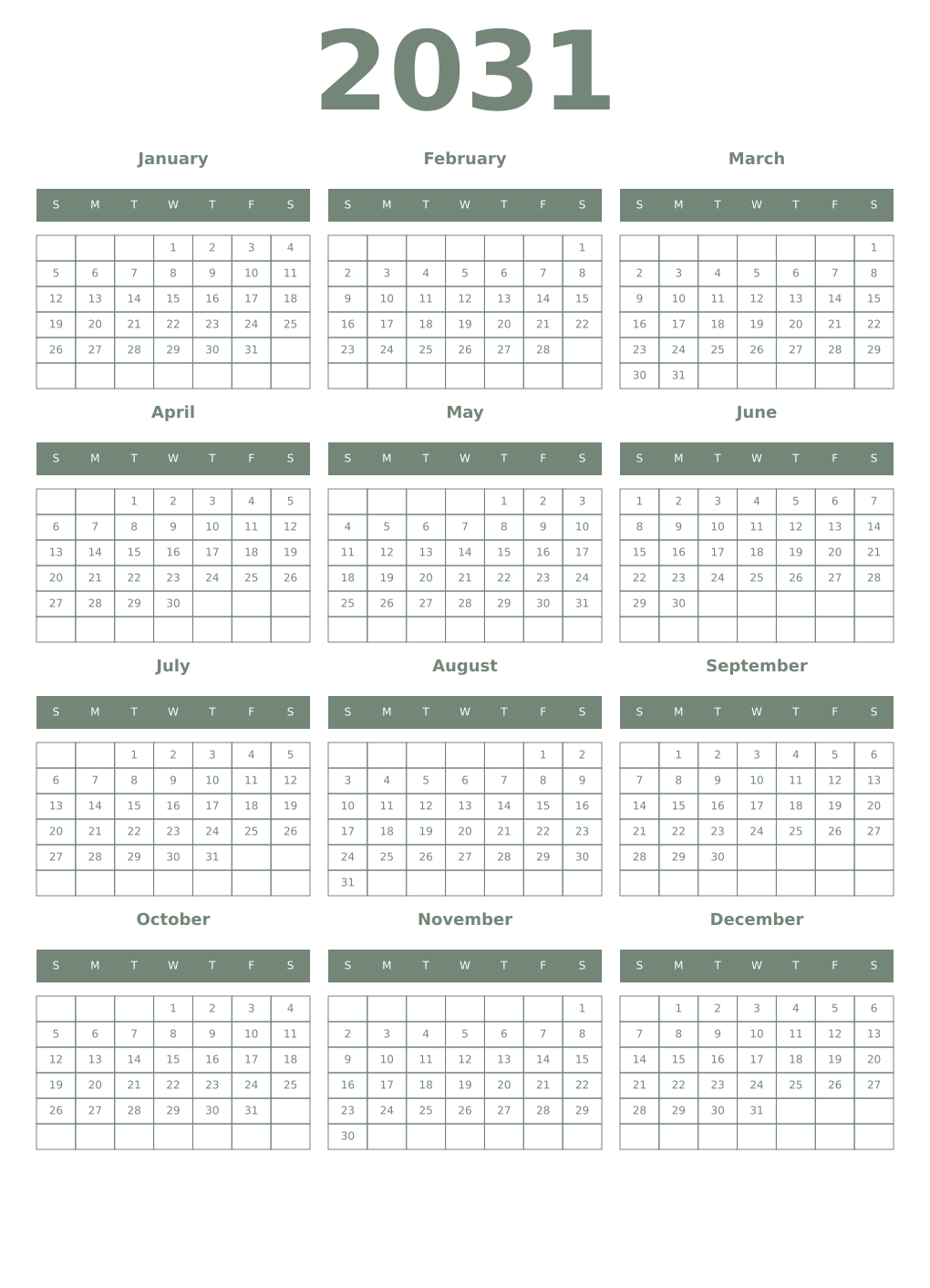 Printable 2031 Year Calendars xanadu