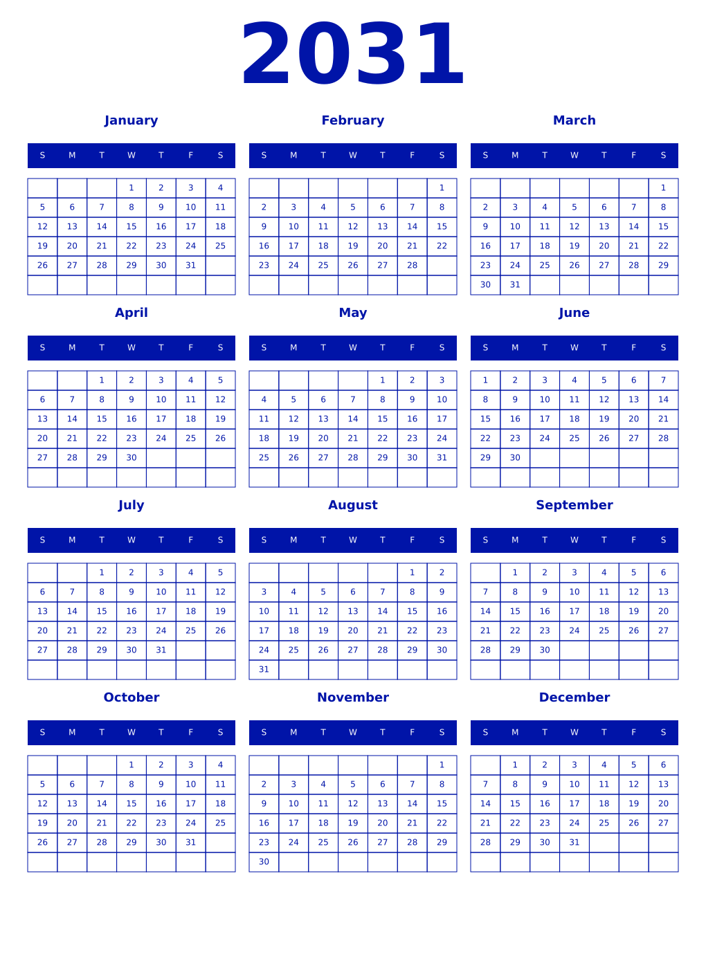 Printable 2031 Year Calendars zaffre