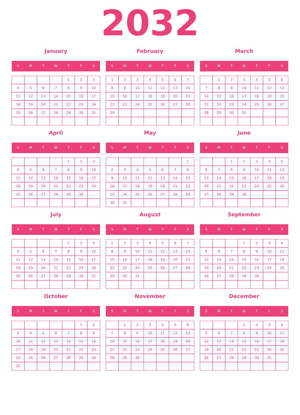Printable 2032 Calendars