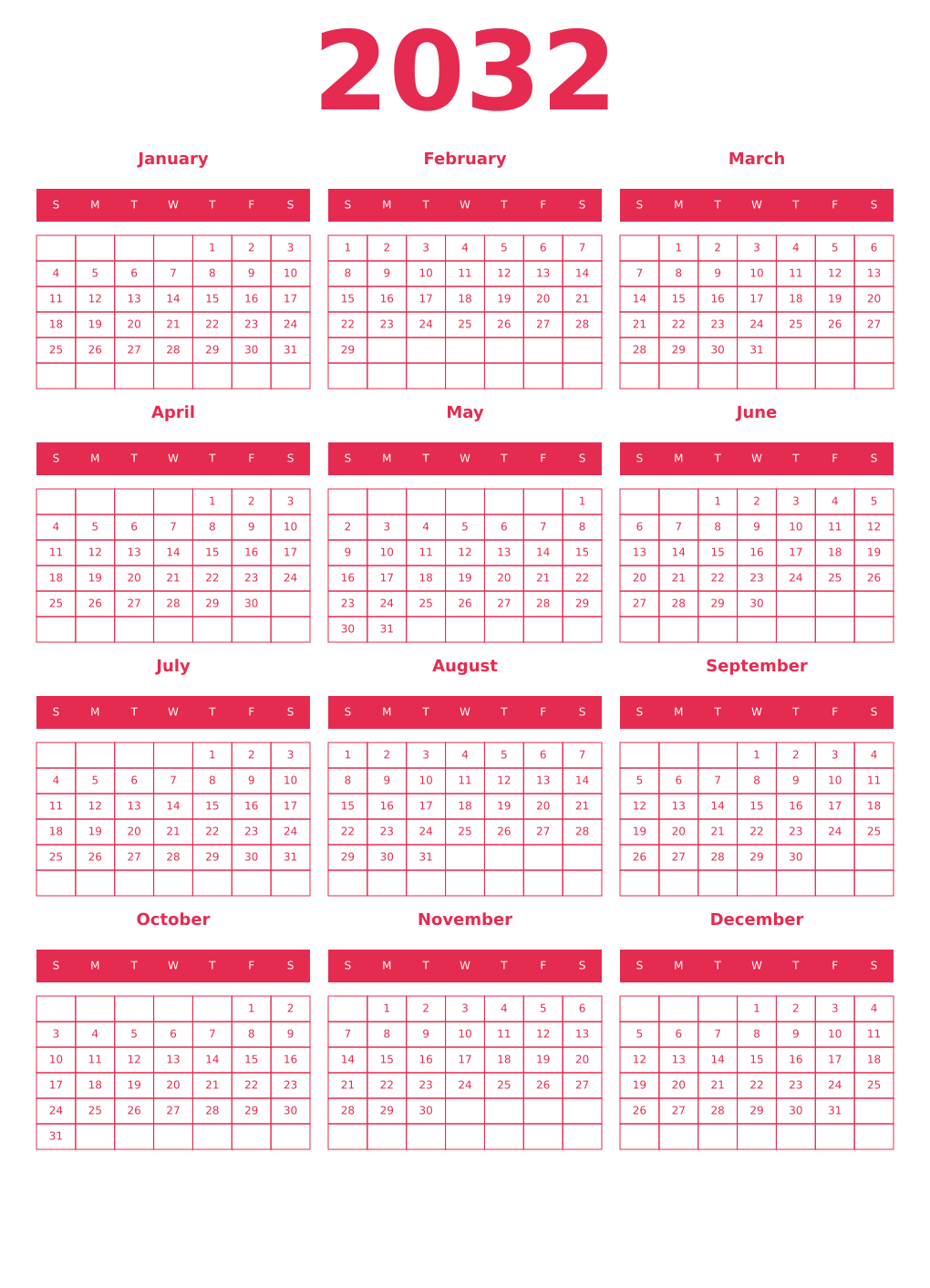 Printable 2032 Year Calendars amaranth