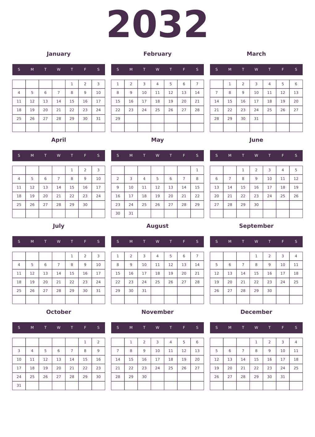 Printable 2032 Year Calendars aubergine