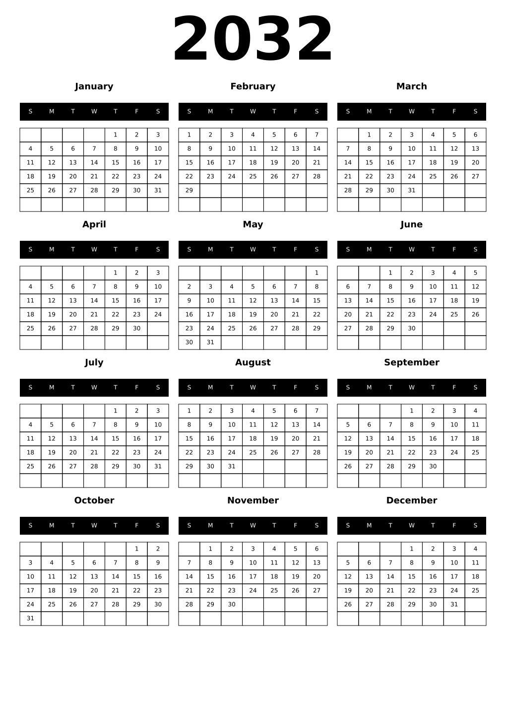 Printable 2032 Year Calendars black