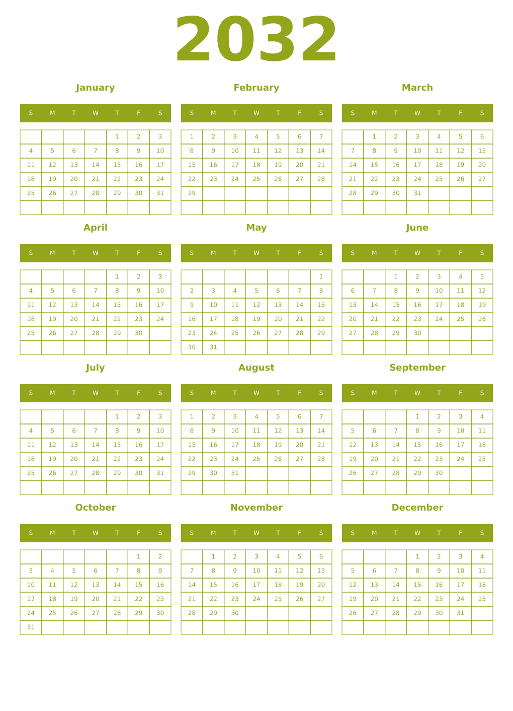 Printable 2032 Year Calendars chartreuse