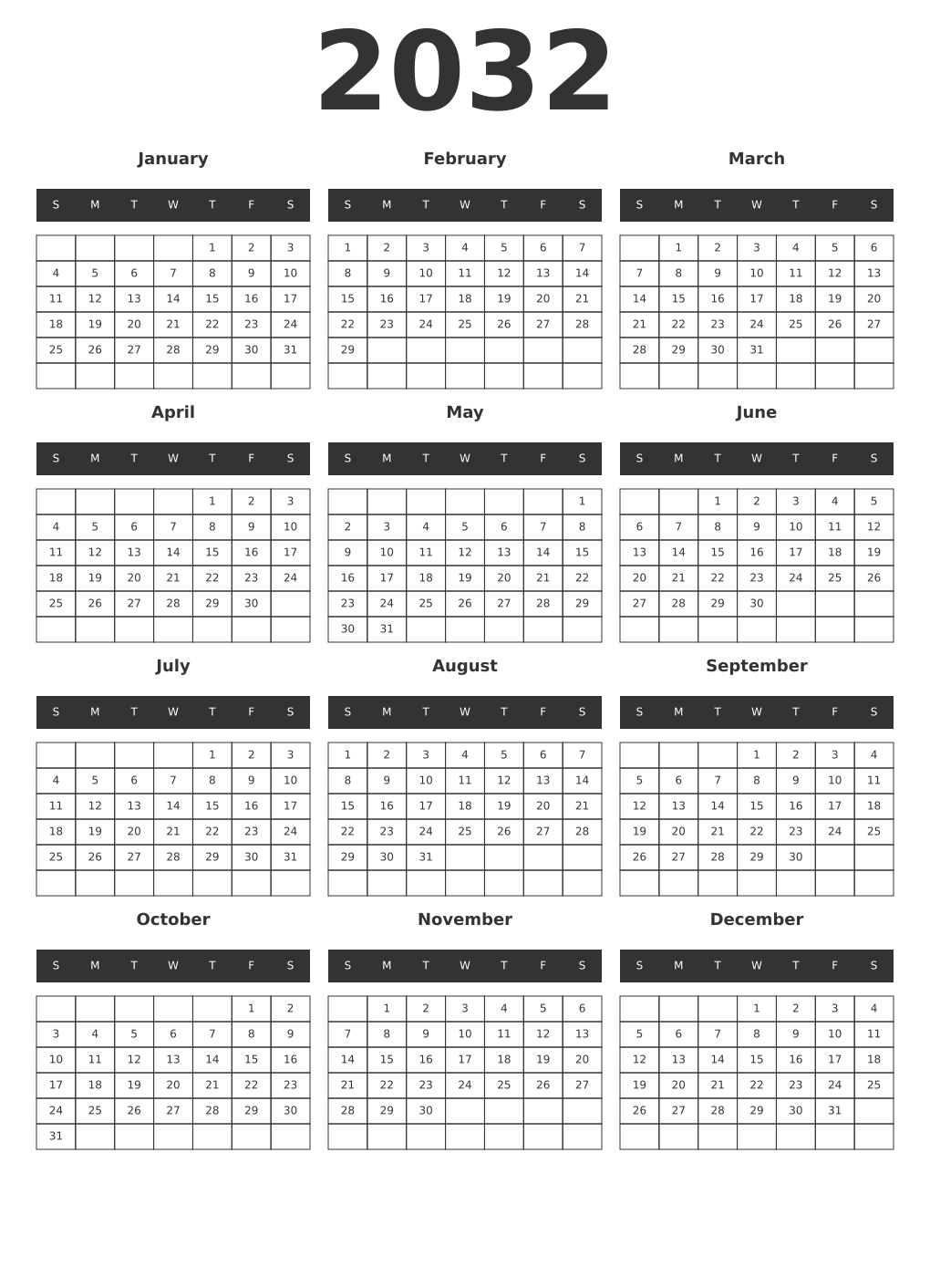 Printable 2032 Year Calendars dark