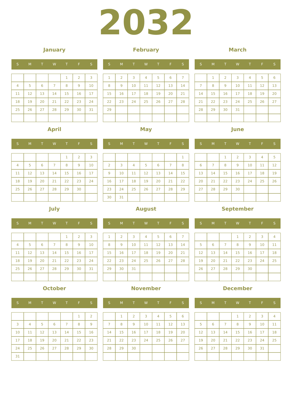 Printable 2032 Year Calendars eburnean