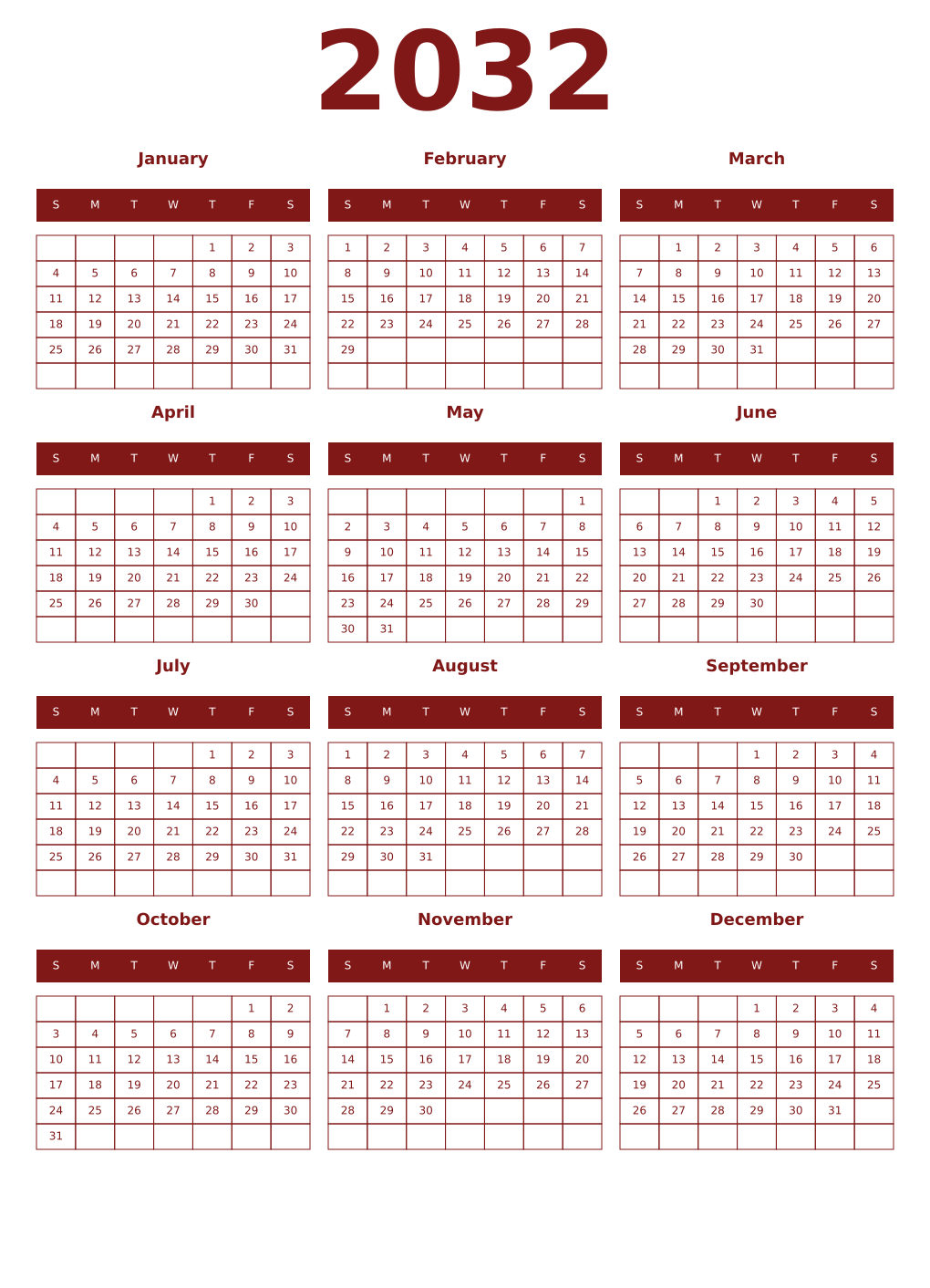 Printable 2032 Year Calendars falu