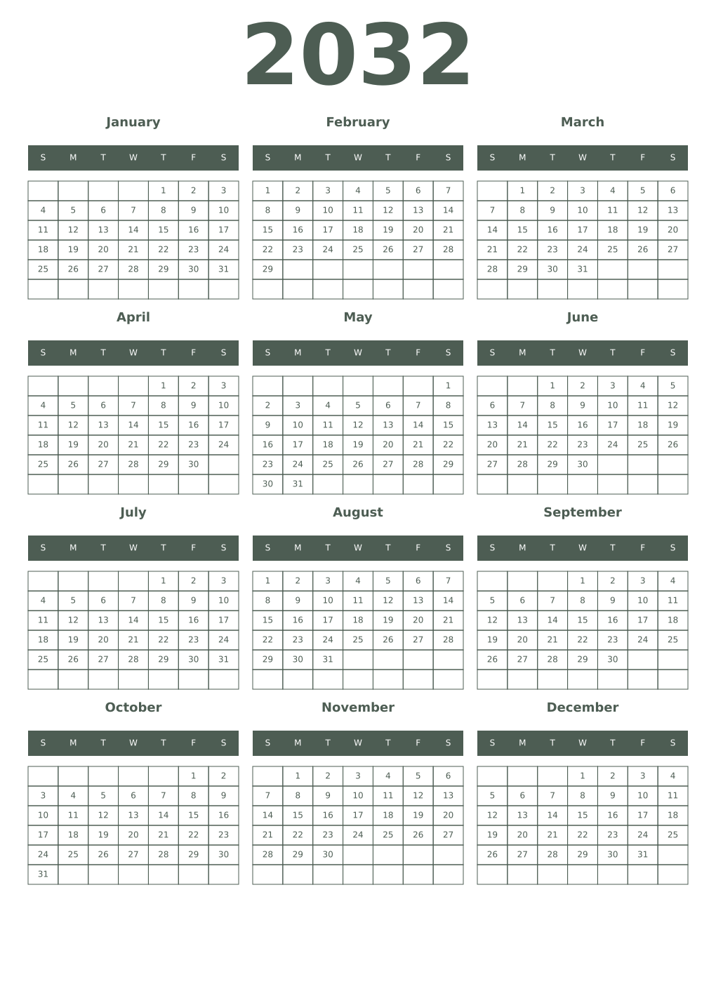 Printable 2032 Year Calendars feldgrau