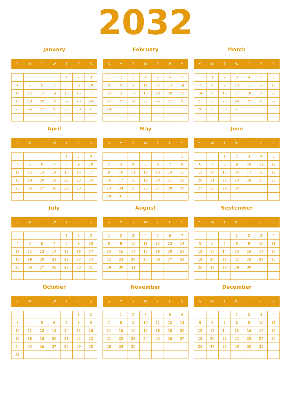 Printable 2032 Year Calendars gamboge