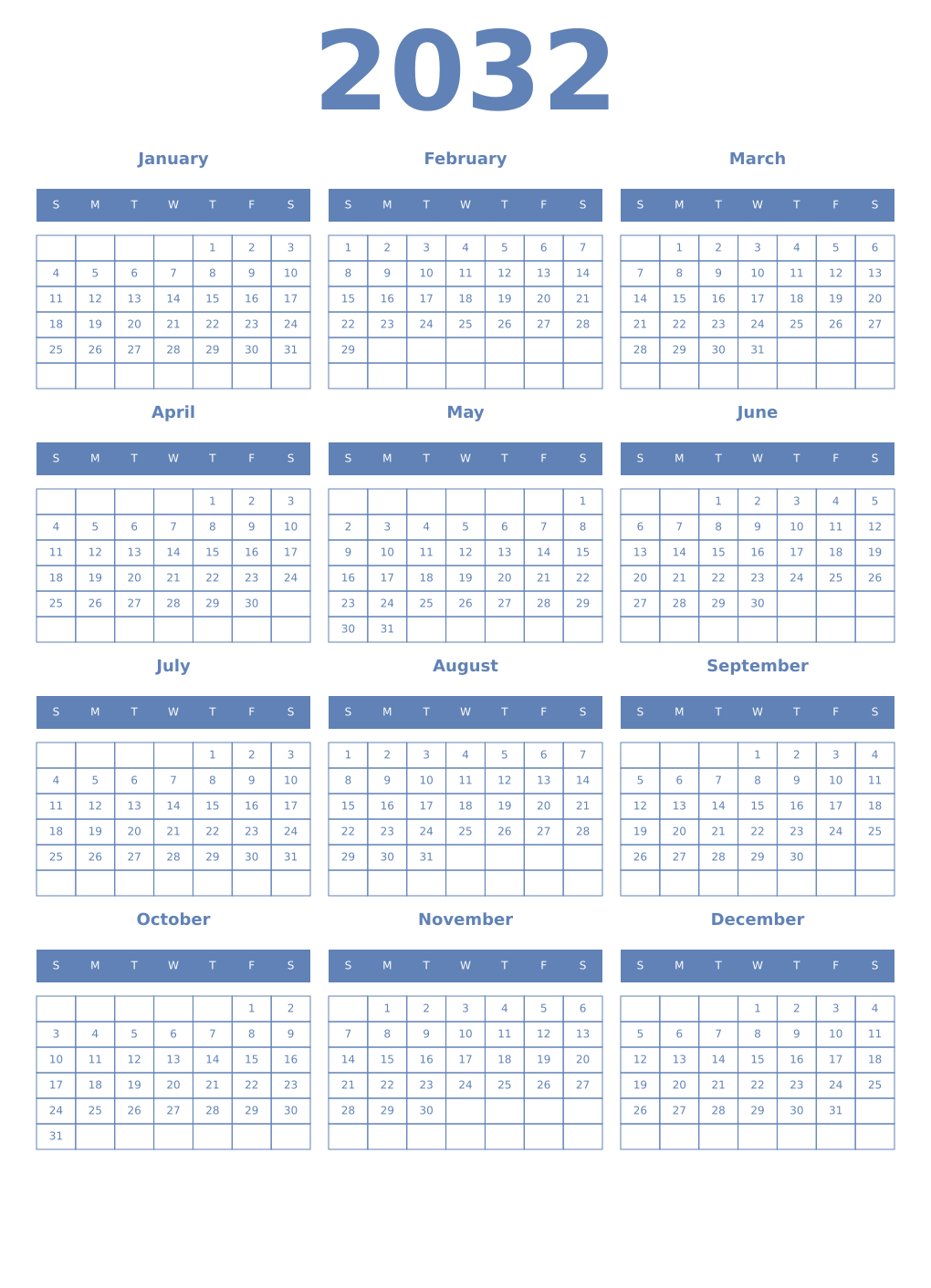 Printable 2032 Year Calendars glaucous