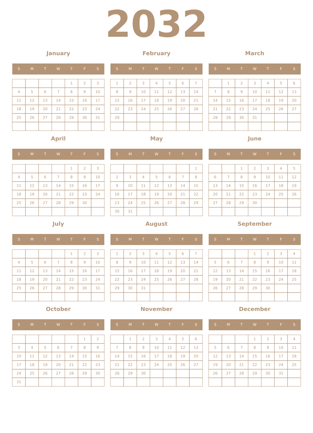 Printable 2032 Year Calendars isabelline