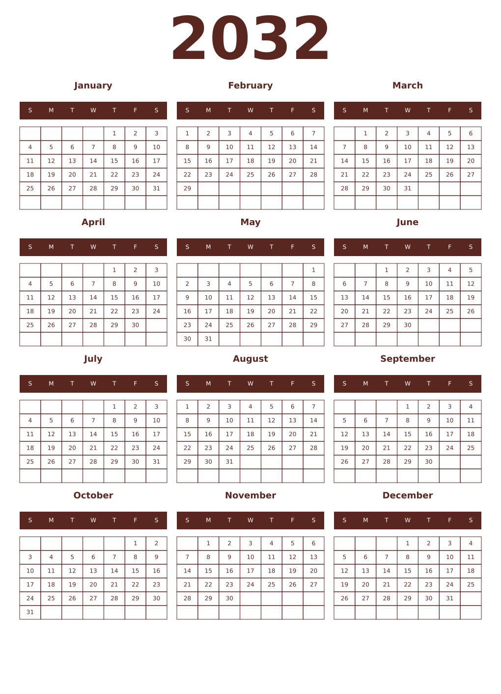 Printable 2032 Year Calendars mortuum