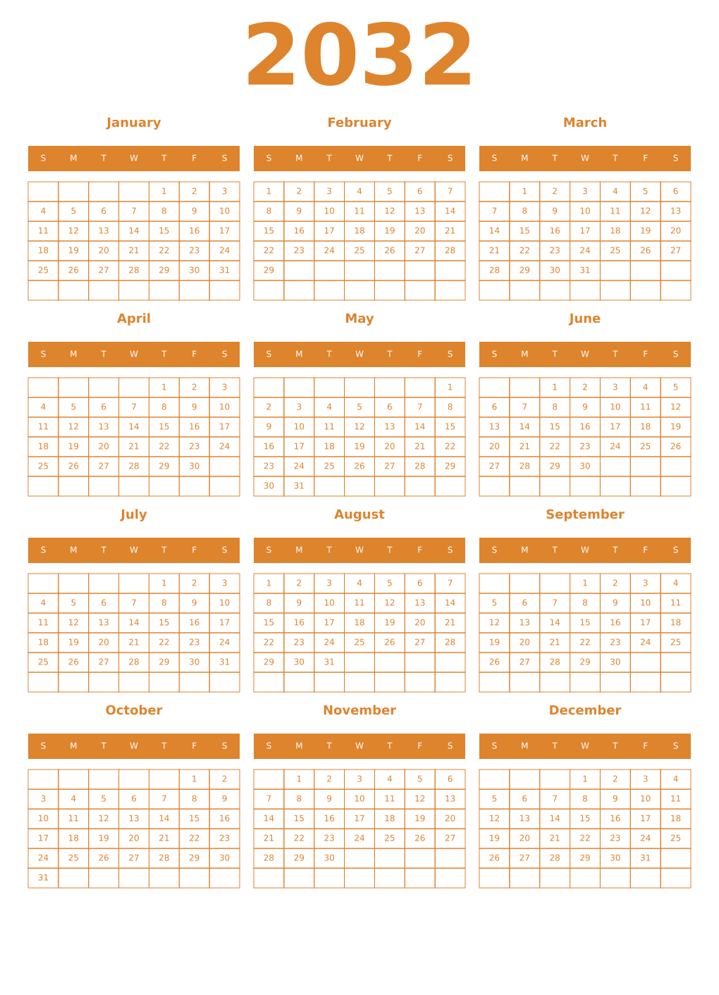 Printable 2032 Year Calendars orange