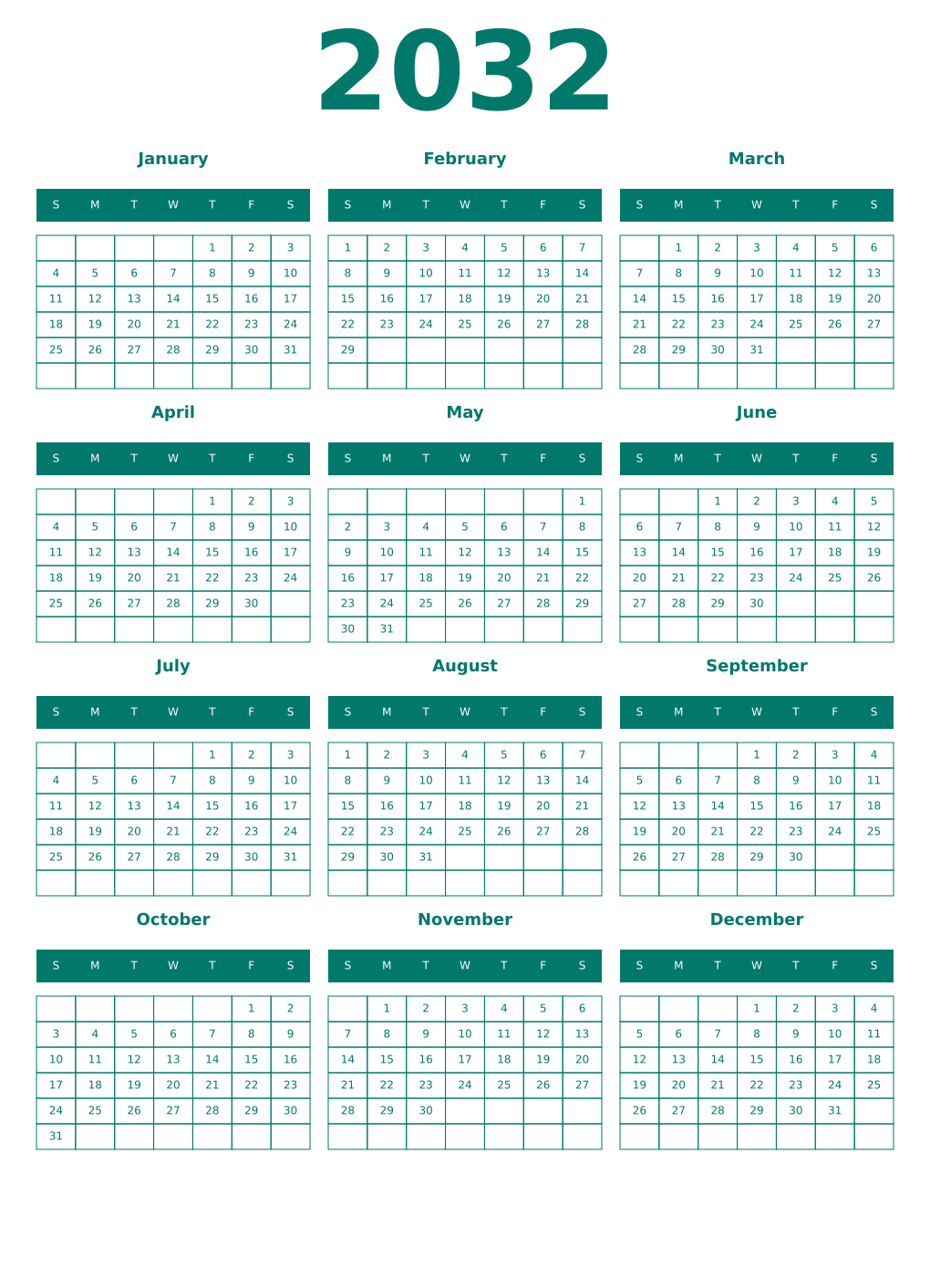 Printable 2032 Year Calendars pastel