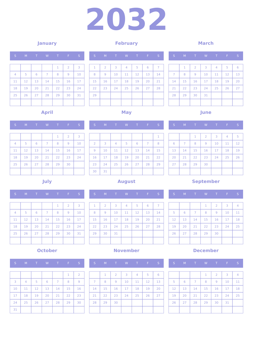 Printable 2032 Year Calendars periwinkle