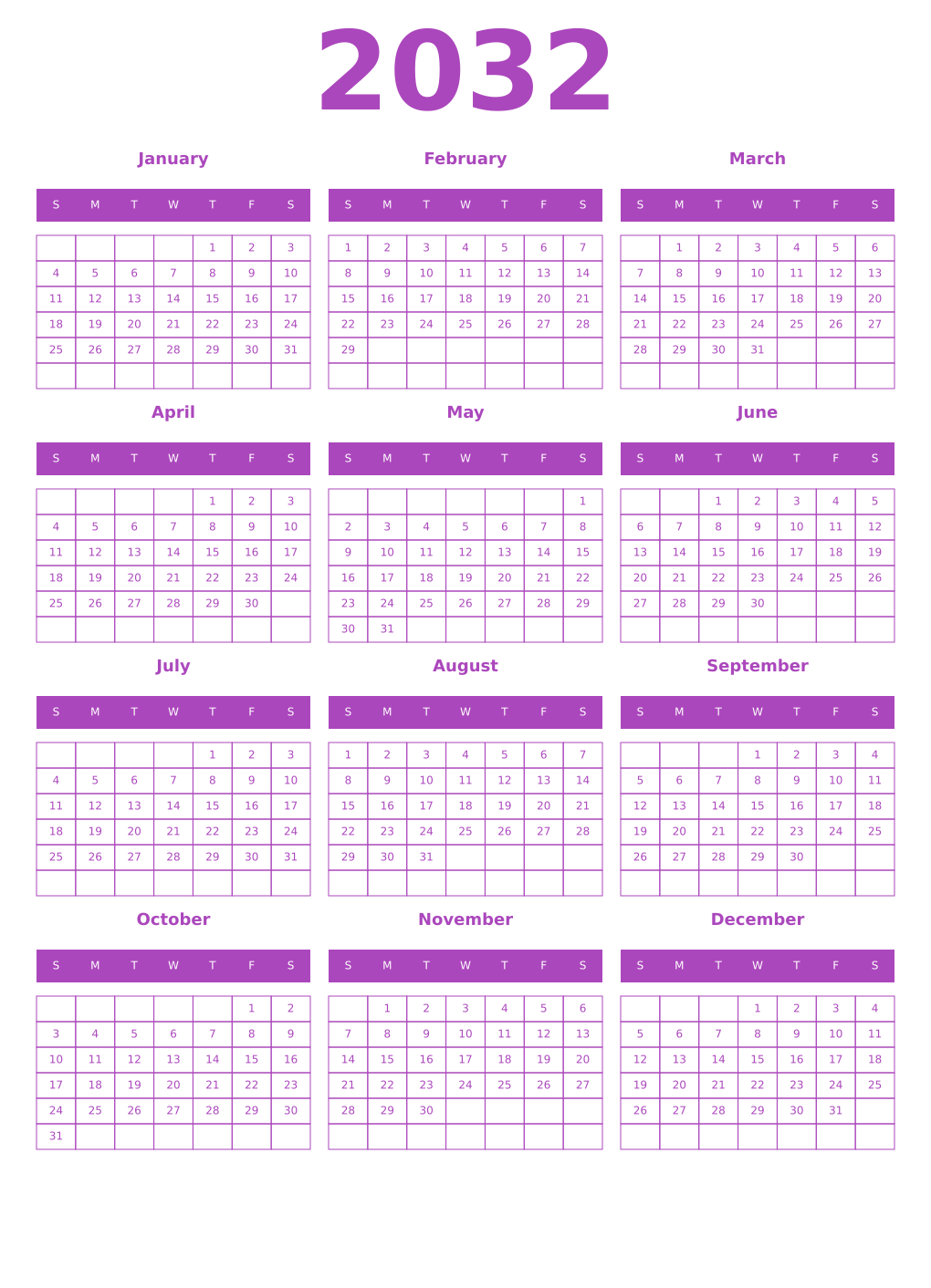 Printable 2032 Year Calendars purple