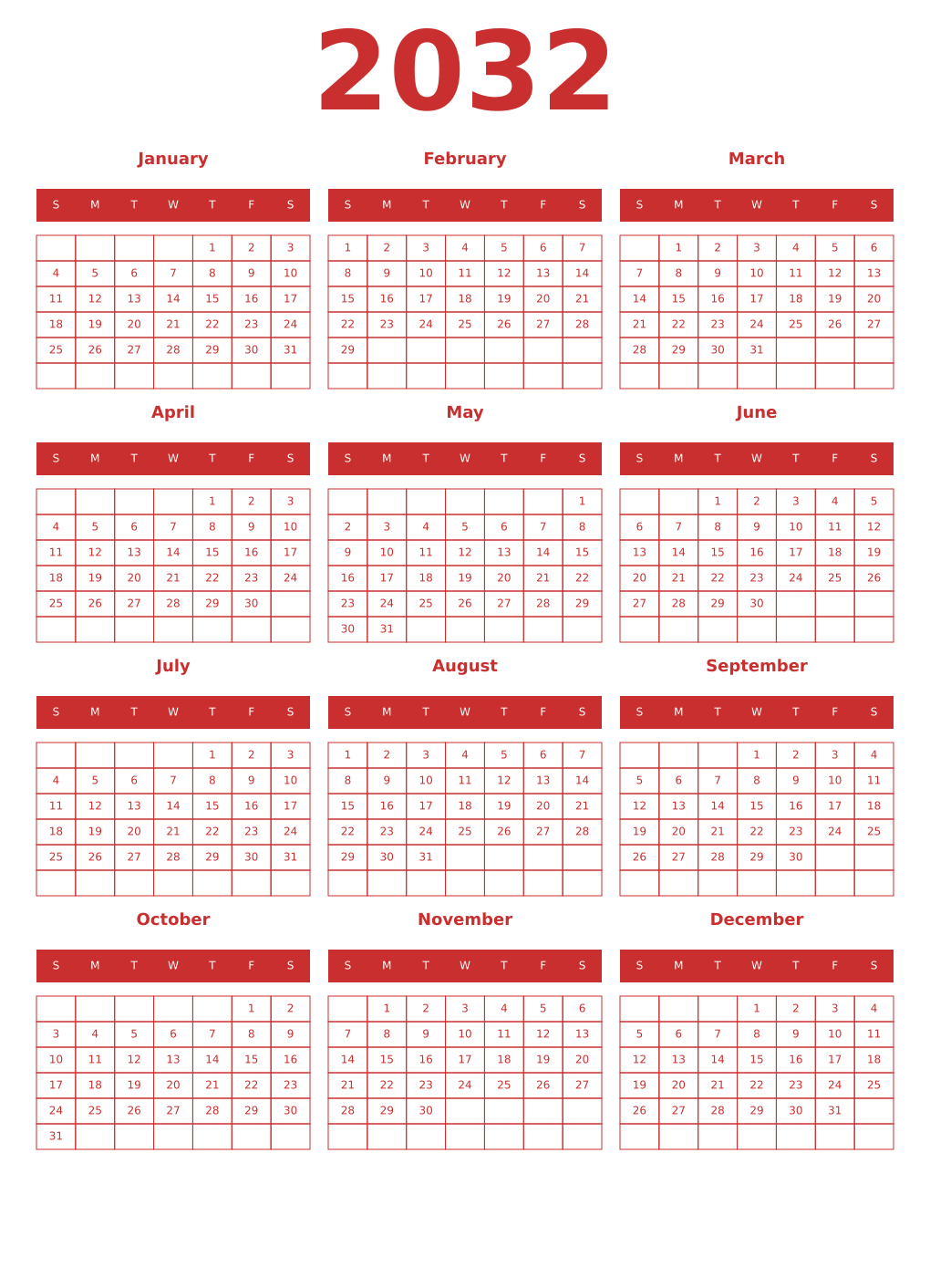 Printable 2032 Year Calendars red