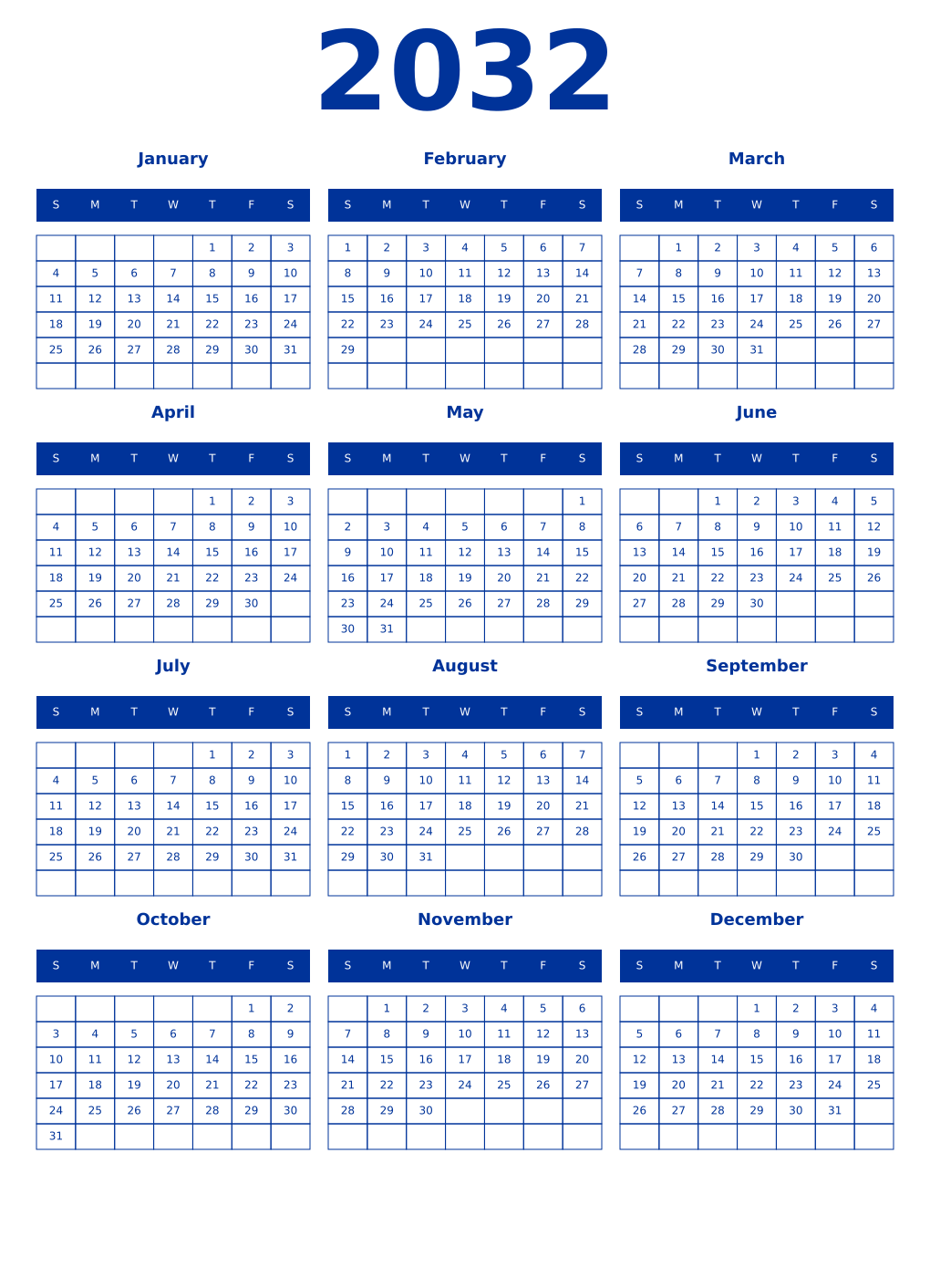 Printable 2032 Year Calendars smalt