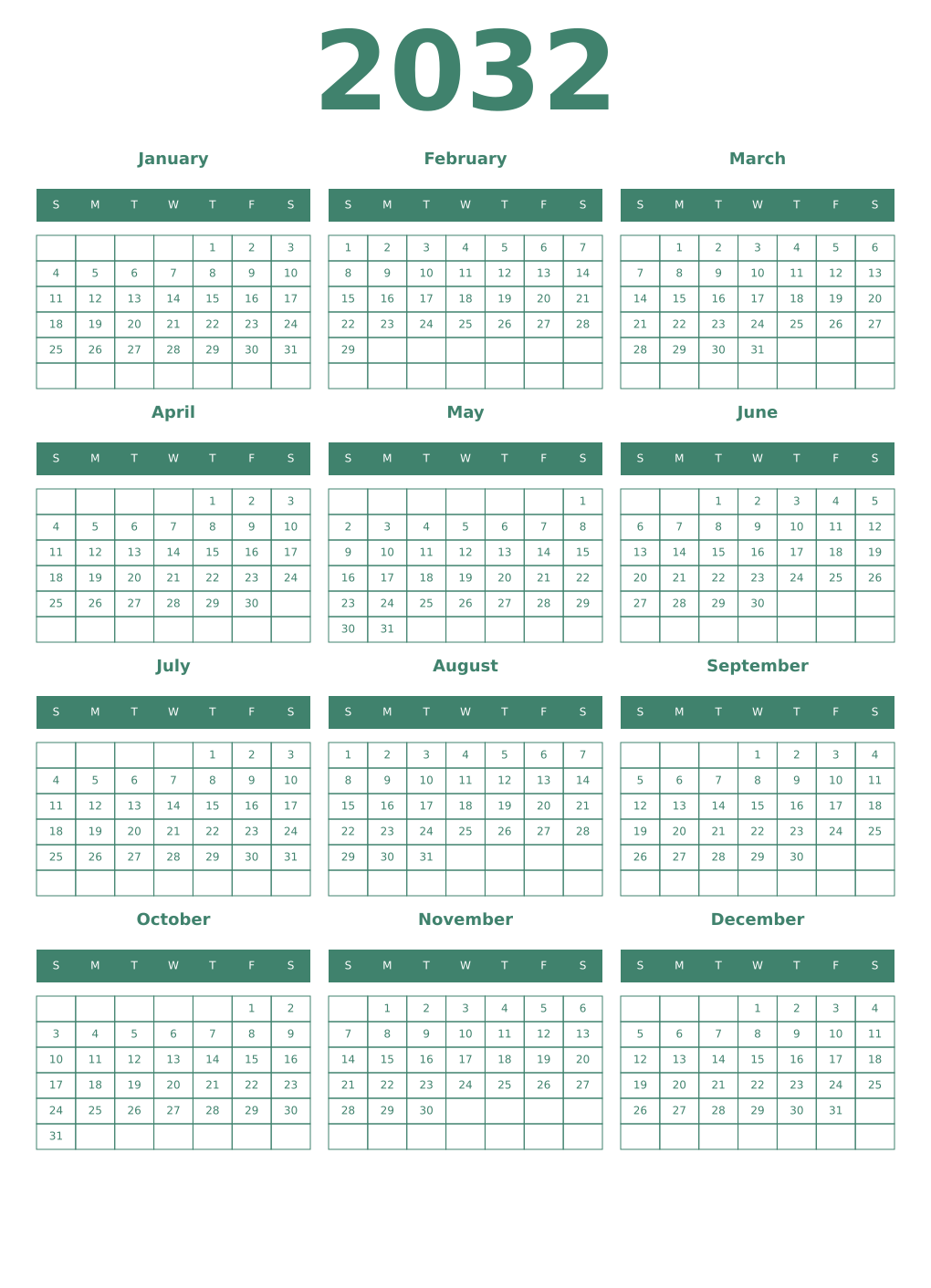 Printable 2032 Year Calendars viridian