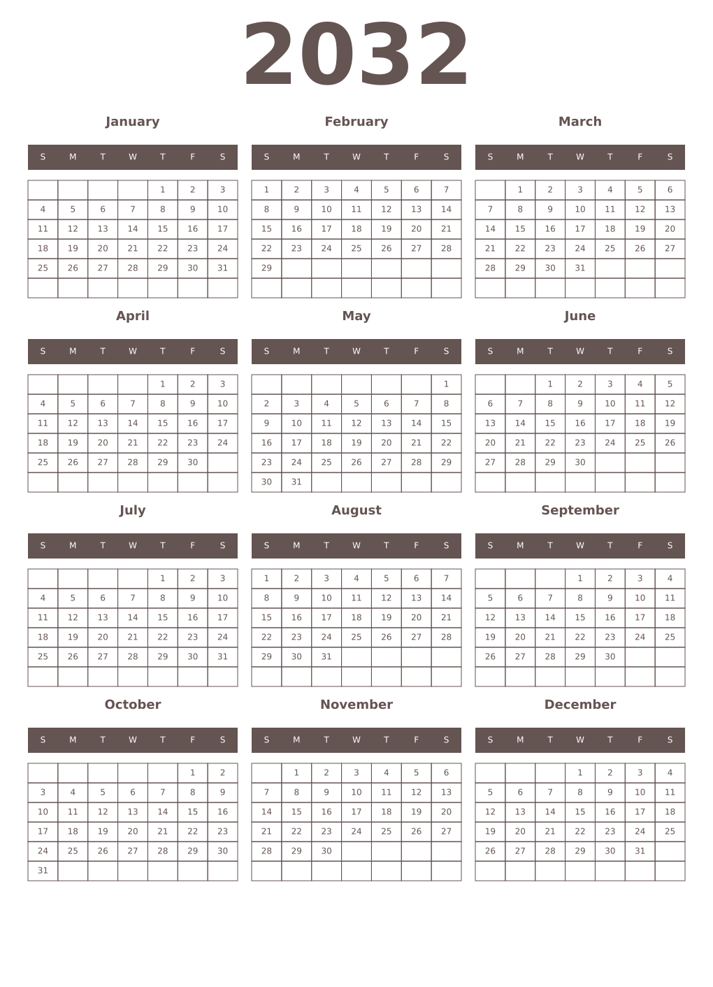 Printable 2032 Year Calendars wenge