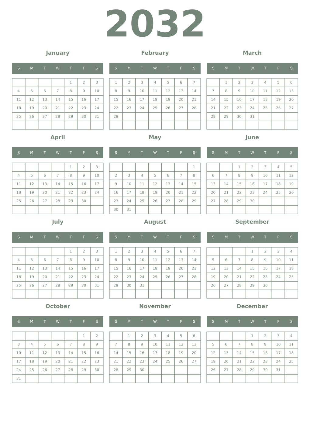 Printable 2032 Year Calendars xanadu